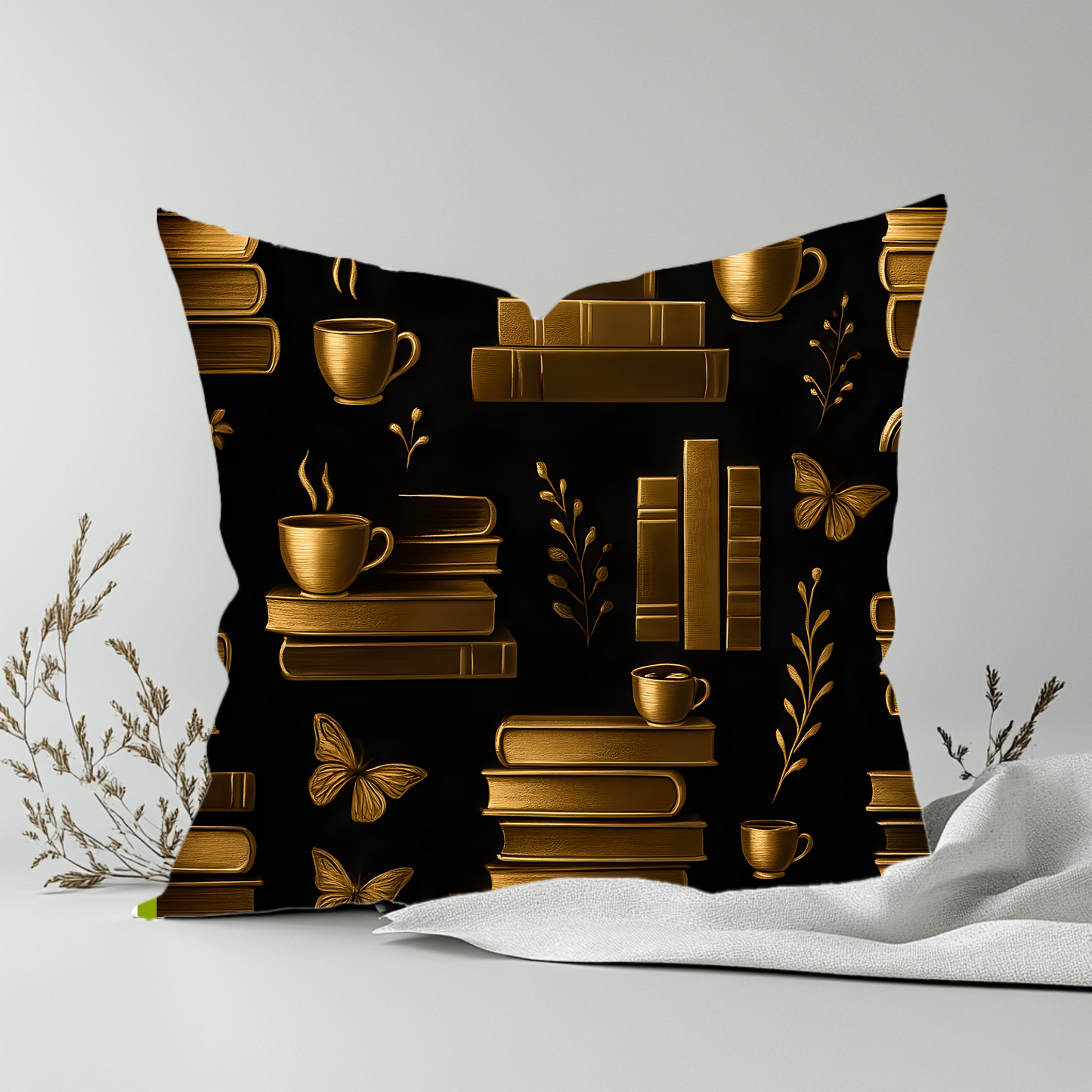 Books and Coffee Cushion, Perfect for cozy corners or grand libraries, this pillow is not just decor—it's a celebration of your passion for books and the comforting ritual of a quiet coffee moment.