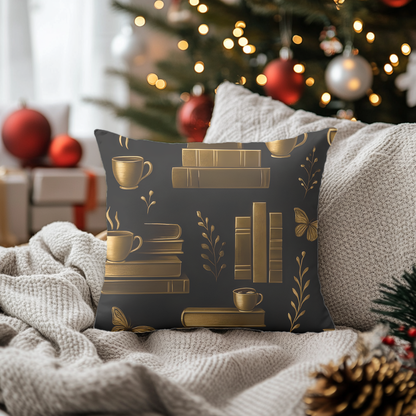 Books and Coffee Cushion, Perfect for cozy corners or grand libraries, this pillow is not just decor—it's a celebration of your passion for books and the comforting ritual of a quiet coffee moment.