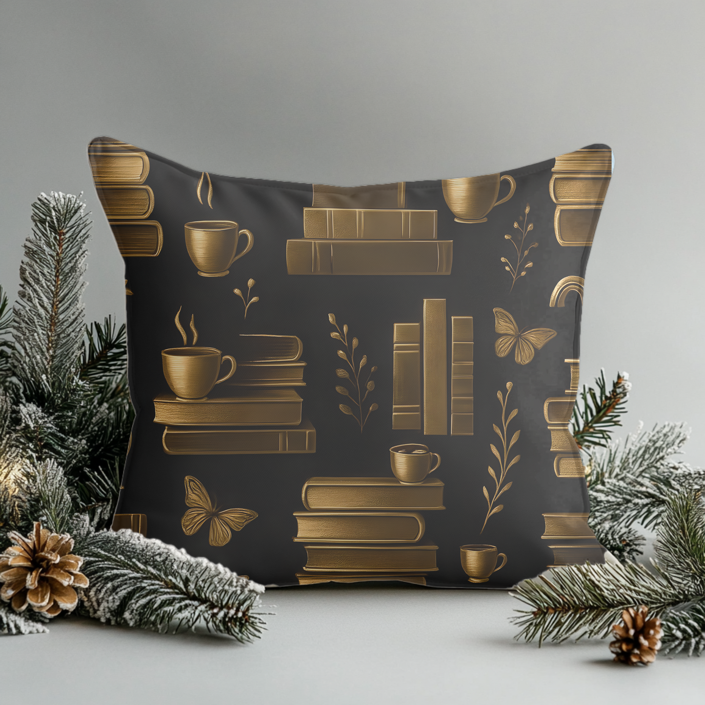 Books and Coffee Cushion, Perfect for cozy corners or grand libraries, this pillow is not just decor—it's a celebration of your passion for books and the comforting ritual of a quiet coffee moment.