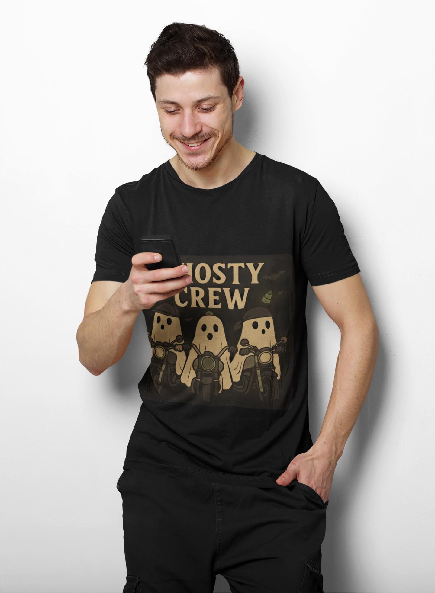 Halloween Ghosty Tee Ghost biker tee, perfect for showing off your fun and playful spirit! This tee boasts a vibrant design featuring ghostly charactersriding bikes.