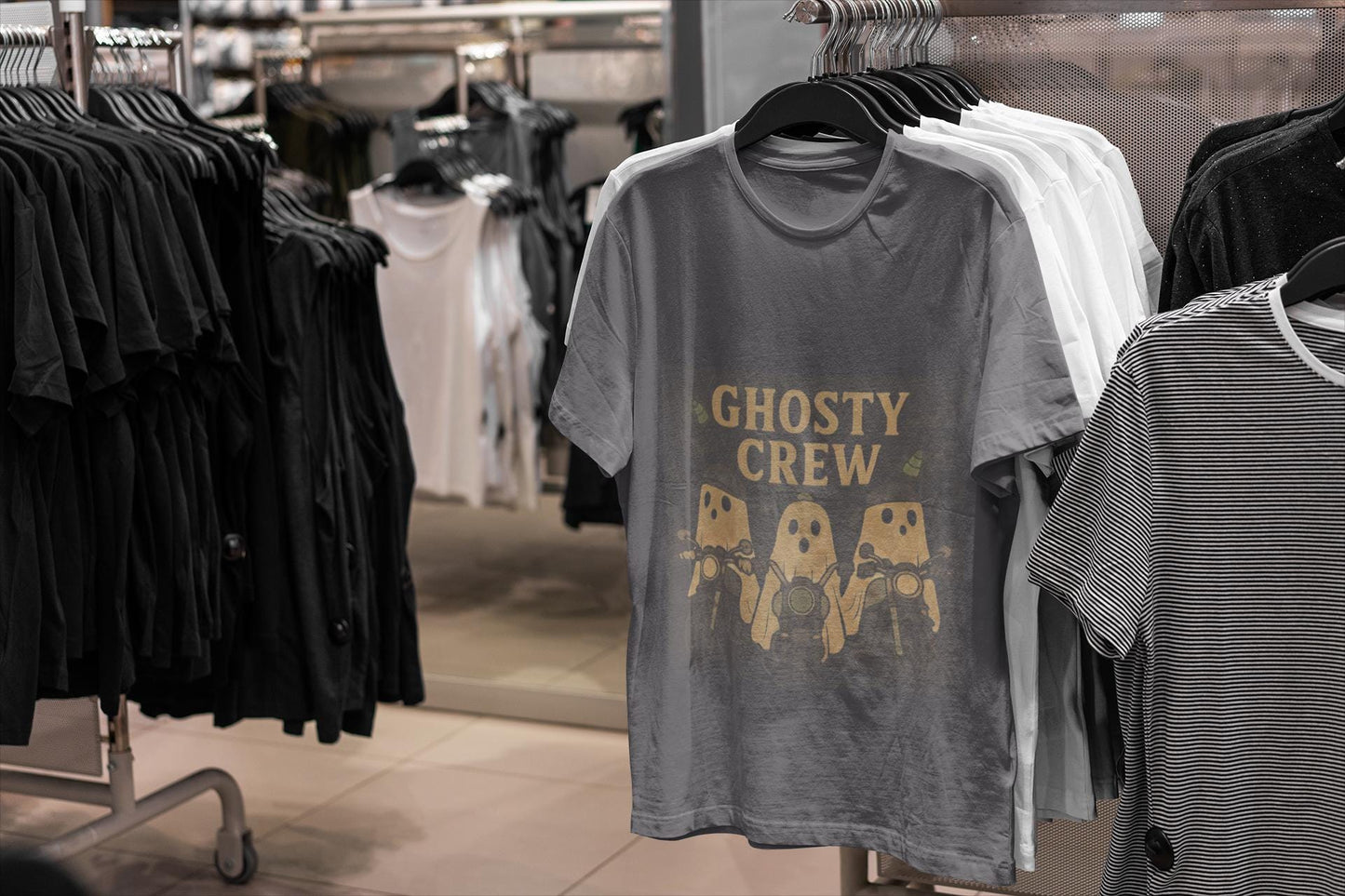 Halloween Ghosty Tee Ghost biker tee, perfect for showing off your fun and playful spirit! This tee boasts a vibrant design featuring ghostly charactersriding bikes.