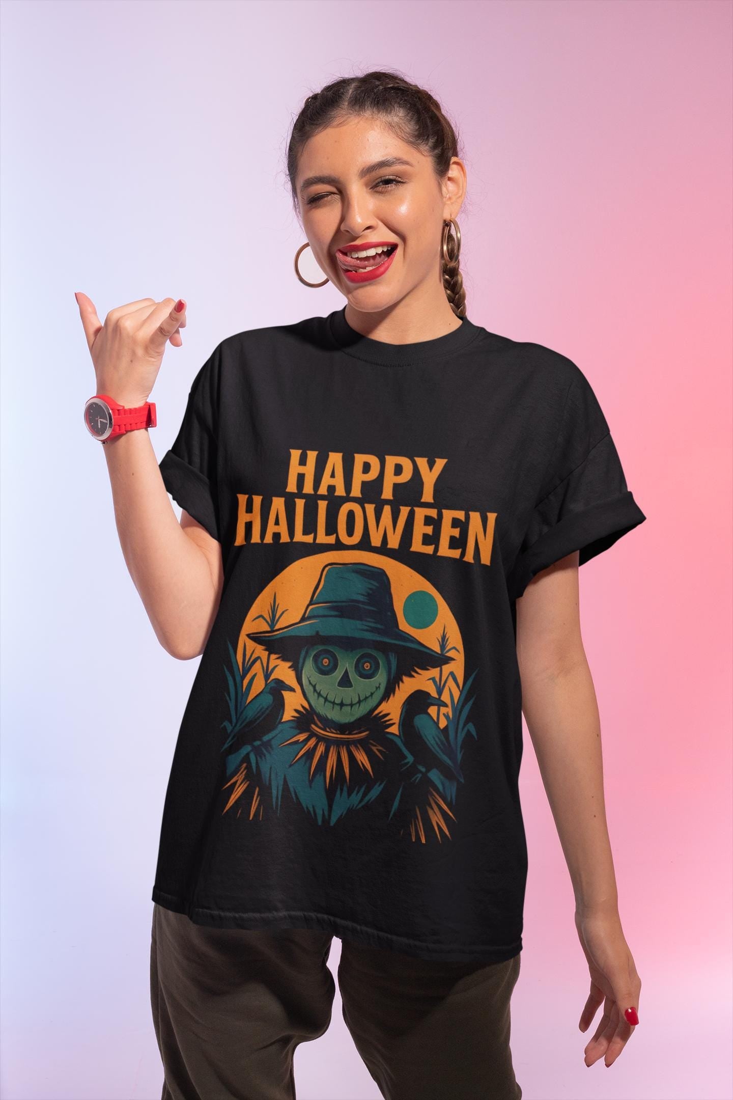Halloween Scarecrow Tee, With its eye-catching Halloween design featuring a spooky scarecrow, this shirt brings a fun, festive vibe to your wardrobe.