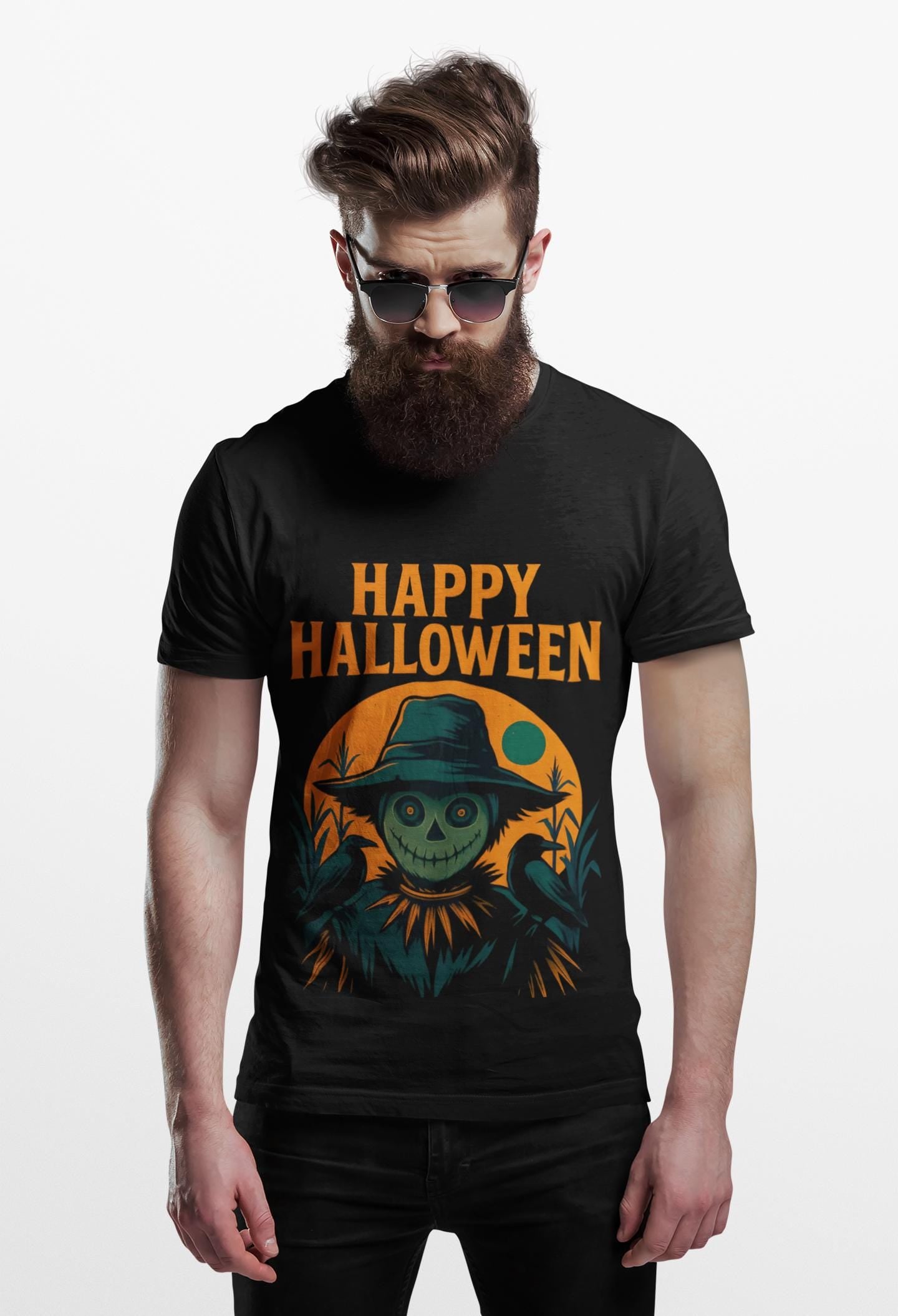 Halloween Scarecrow Tee, With its eye-catching Halloween design featuring a spooky scarecrow, this shirt brings a fun, festive vibe to your wardrobe.