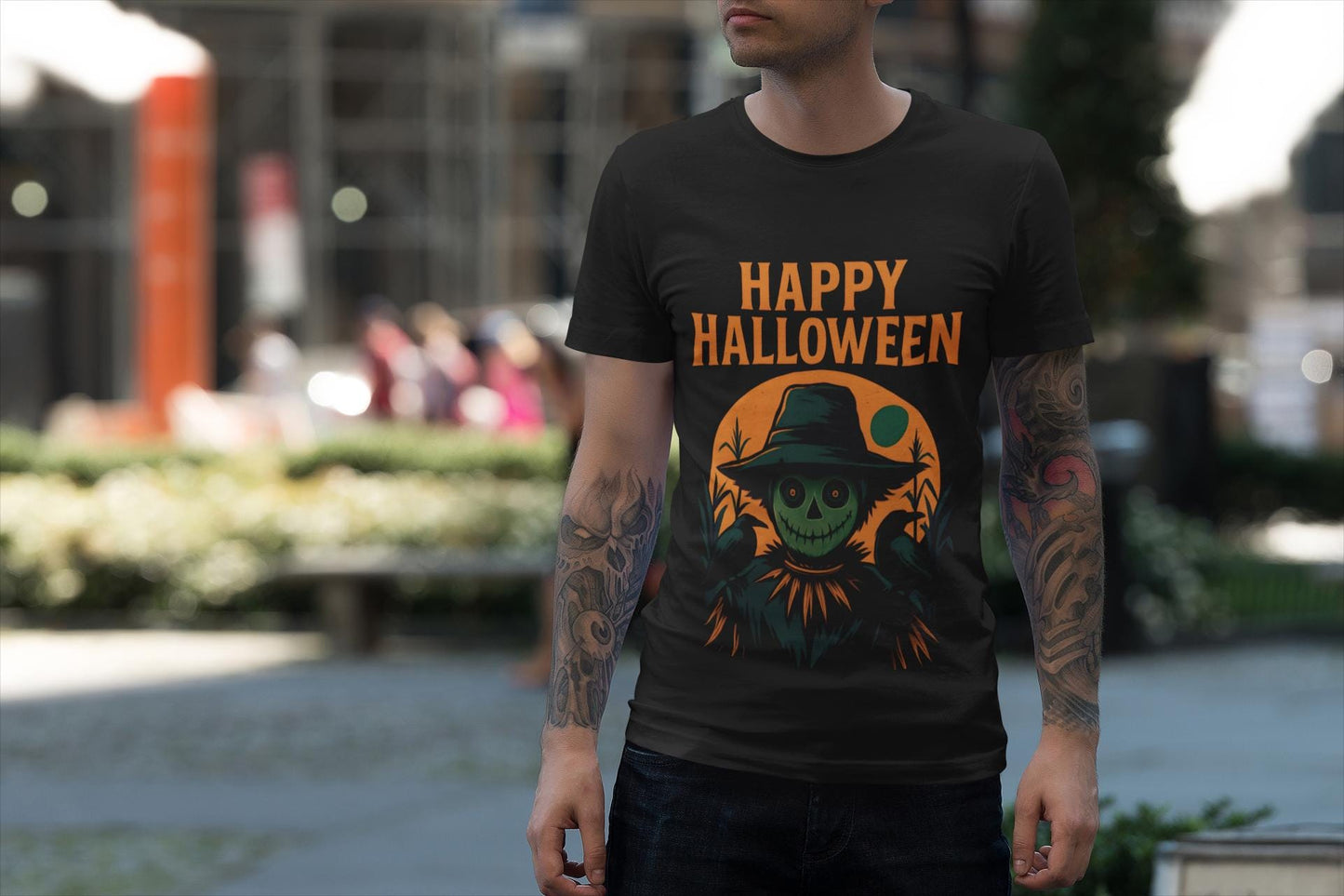 Halloween Scarecrow Tee, With its eye-catching Halloween design featuring a spooky scarecrow, this shirt brings a fun, festive vibe to your wardrobe.