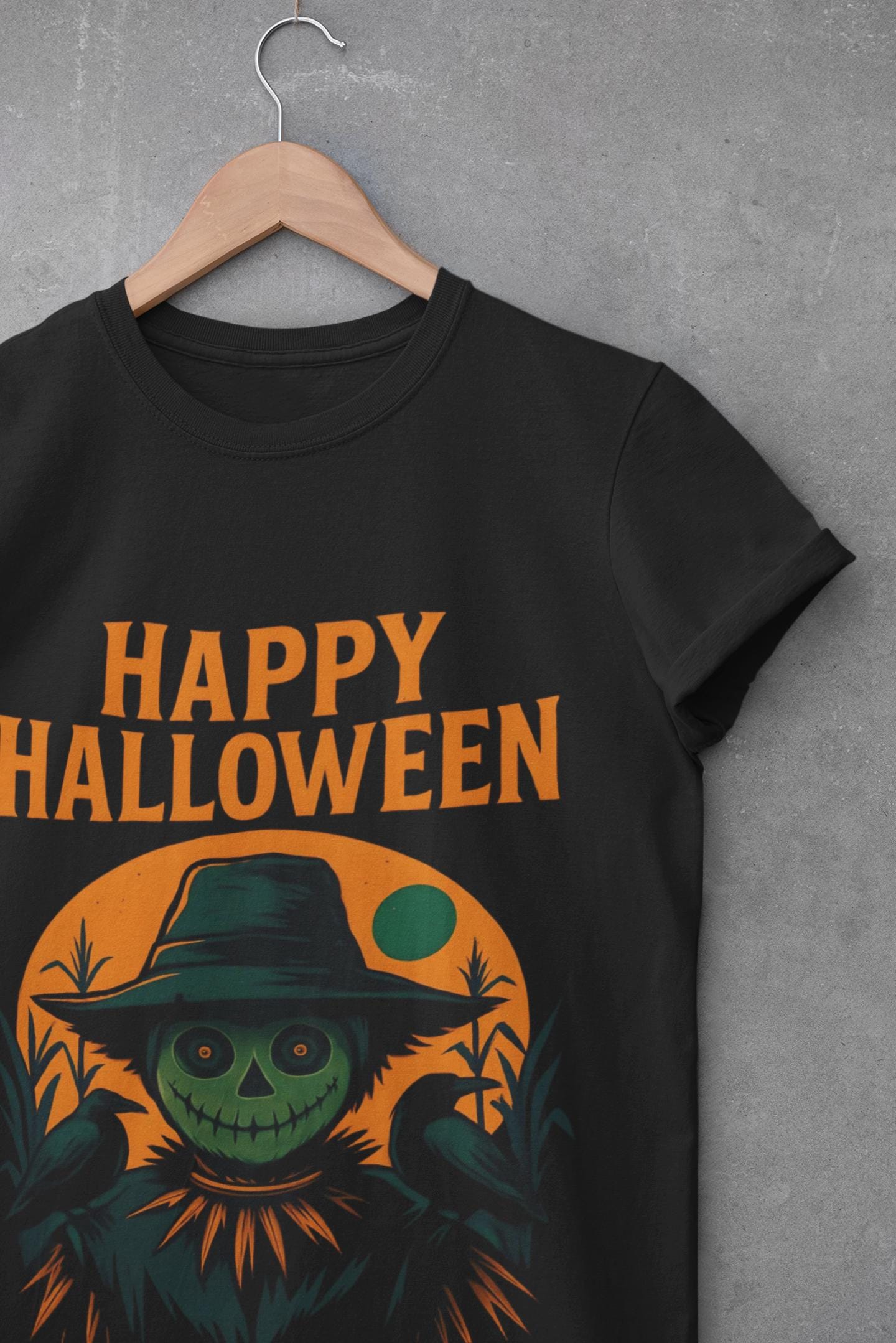 Halloween Scarecrow Tee, With its eye-catching Halloween design featuring a spooky scarecrow, this shirt brings a fun, festive vibe to your wardrobe.