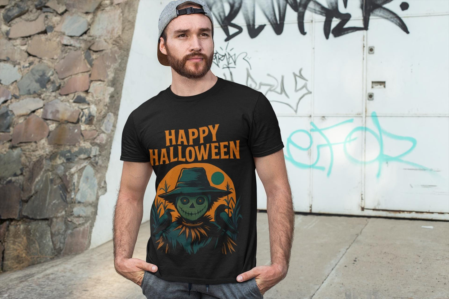 Halloween Scarecrow Tee, With its eye-catching Halloween design featuring a spooky scarecrow, this shirt brings a fun, festive vibe to your wardrobe.