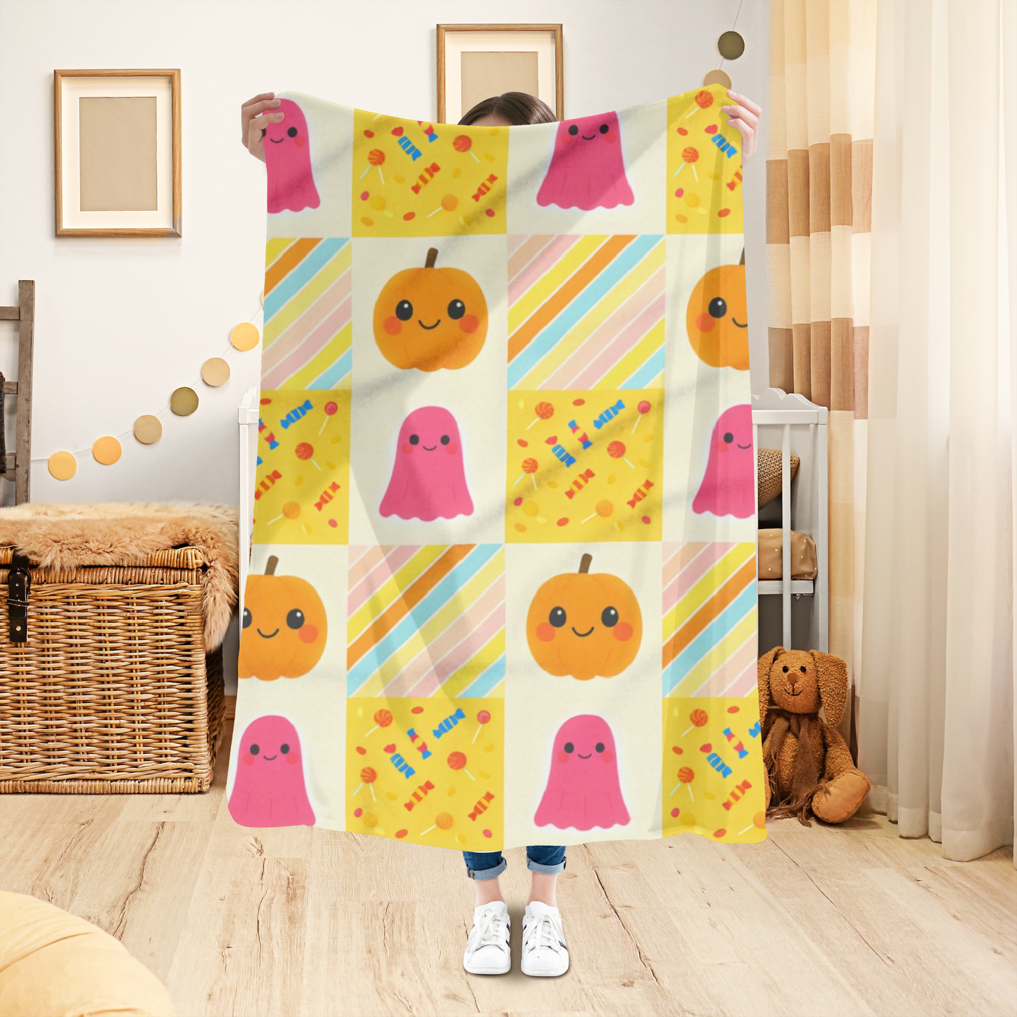 Halloween Ghosty Pumpkin Sweets Fleece Blanket, Perfect for snuggling during chilly nights,a cherished piece of spooky season decor.