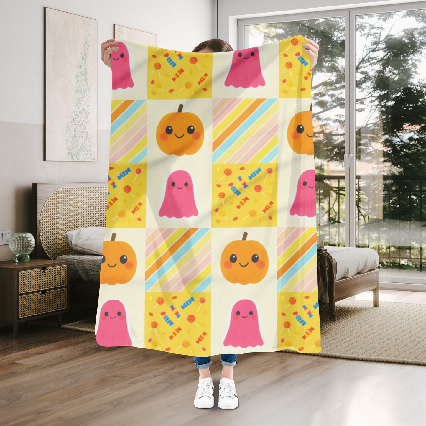 Halloween Ghosty Pumpkin Sweets Fleece Blanket, Perfect for snuggling during chilly nights,a cherished piece of spooky season decor.