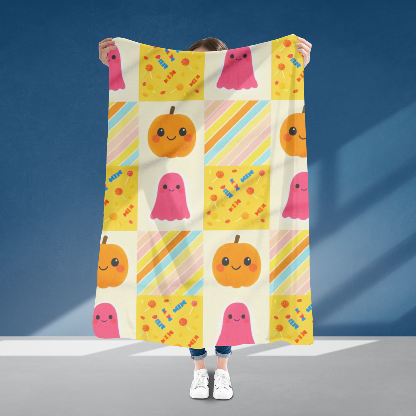 Halloween Ghosty Pumpkin Sweets Fleece Blanket, Perfect for snuggling during chilly nights,a cherished piece of spooky season decor.