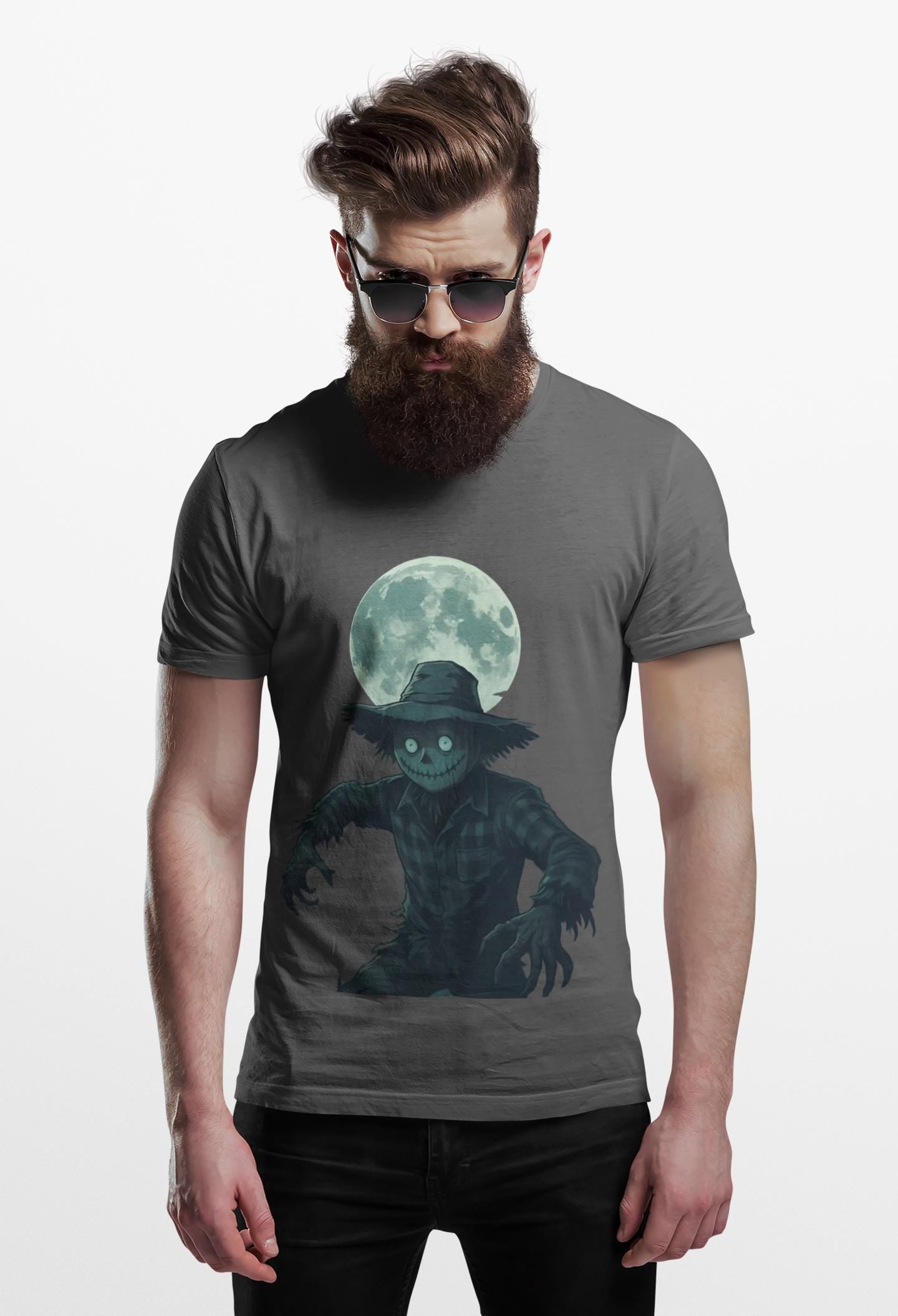 Halloween Scarecrow T-Shirt, This scarecrow shirt captures the essence of the season, transforming the traditional harvest icon into a pumpkin scarecrow that’s both captivating and chilling.Halloween