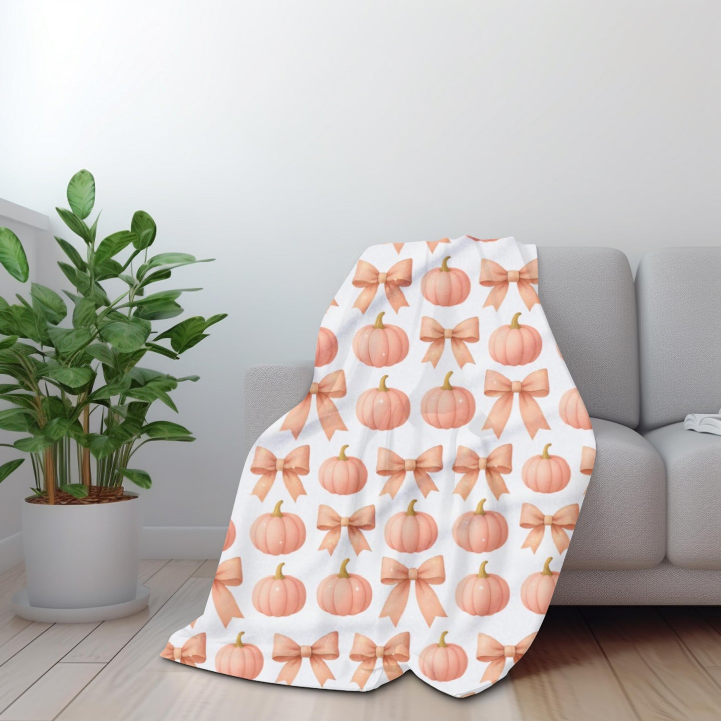 Pink Pumpkins & Pink Bow Artic Fleece Blanket, Perfect for adding a touch of girly Halloween charm, this autumn blanket effortlessly combines the playful allure of pink pumpkin decor.
