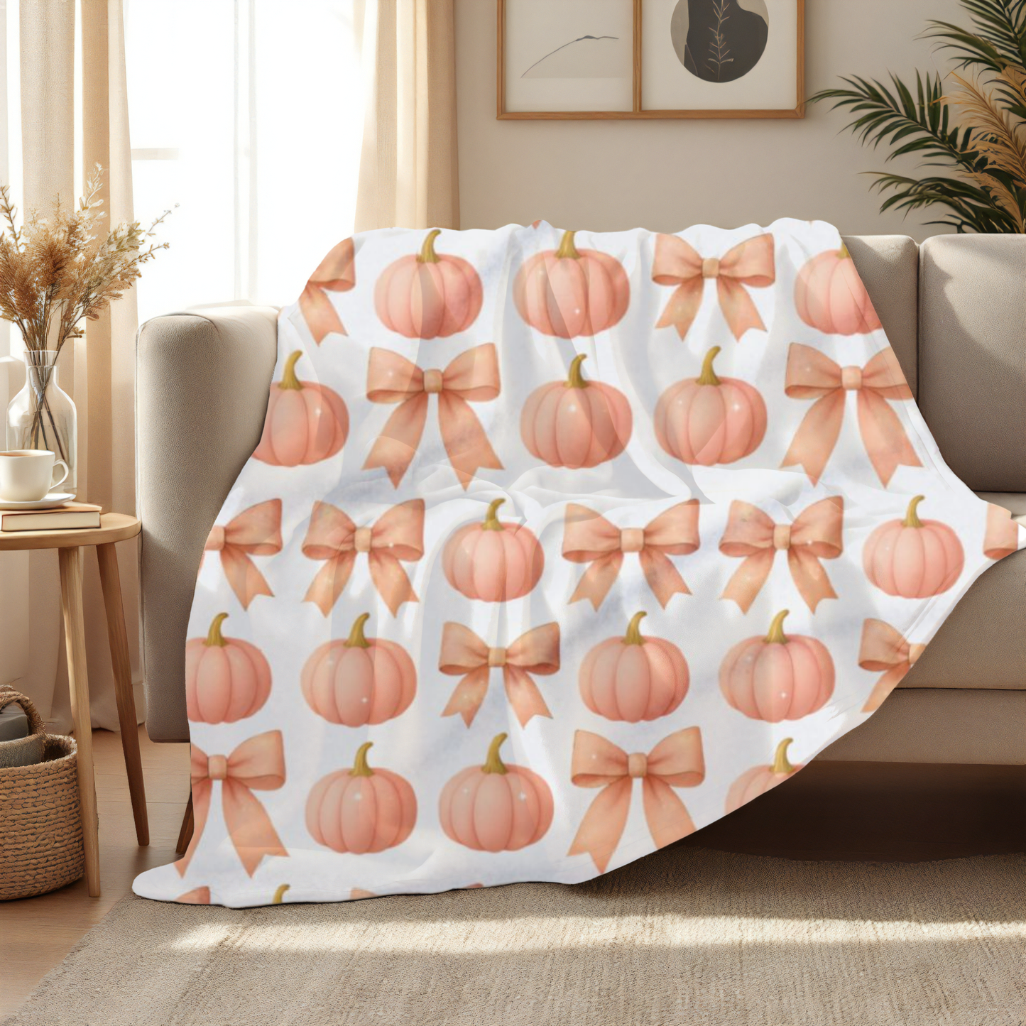 Pink Pumpkins & Pink Bow Artic Fleece Blanket, Perfect for adding a touch of girly Halloween charm, this autumn blanket effortlessly combines the playful allure of pink pumpkin decor.