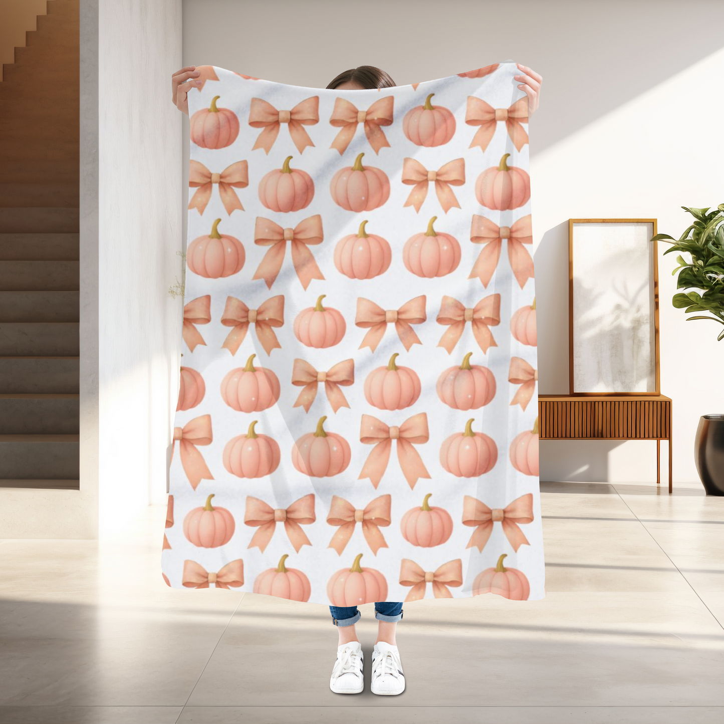 Pink Pumpkins & Pink Bow Artic Fleece Blanket, Perfect for adding a touch of girly Halloween charm, this autumn blanket effortlessly combines the playful allure of pink pumpkin decor.