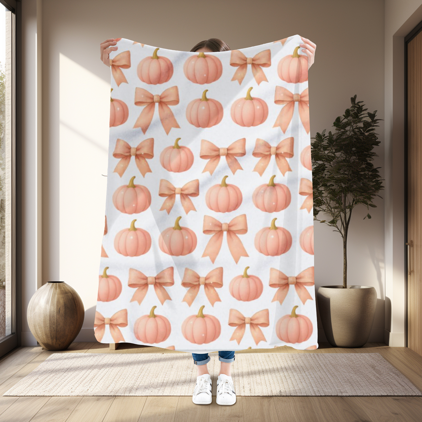 Pink Pumpkins & Pink Bow Artic Fleece Blanket, Perfect for adding a touch of girly Halloween charm, this autumn blanket effortlessly combines the playful allure of pink pumpkin decor.