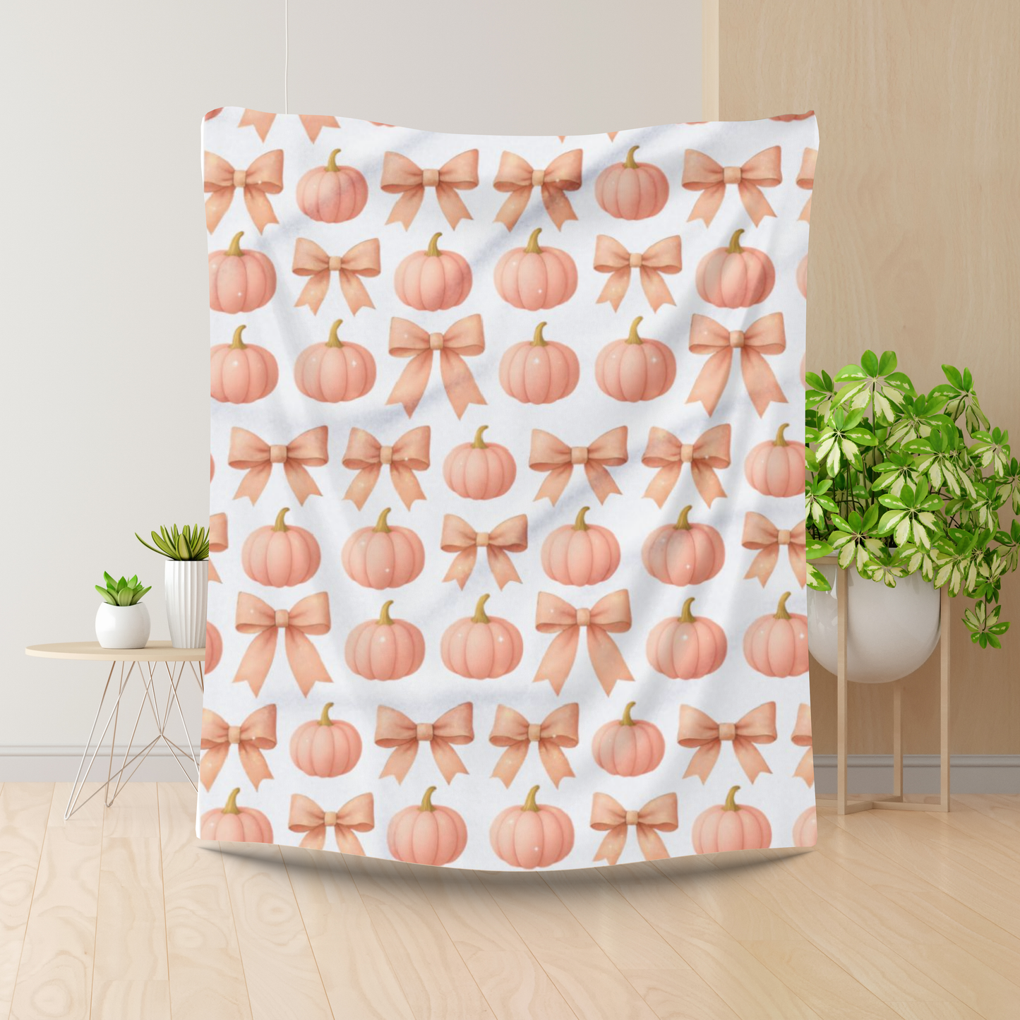 Pink Pumpkins & Pink Bow Artic Fleece Blanket, Perfect for adding a touch of girly Halloween charm, this autumn blanket effortlessly combines the playful allure of pink pumpkin decor.