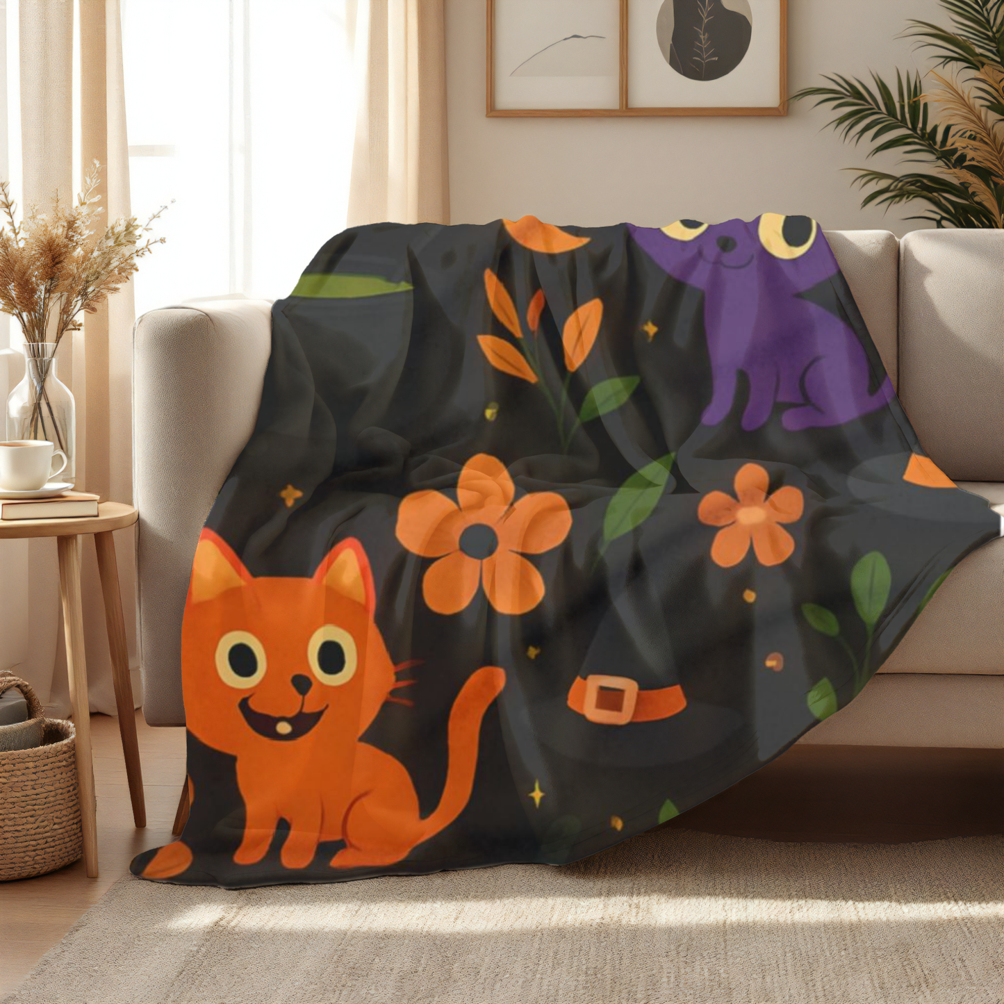 Halloween Blanket, The witchy blanket brings a touch of whimsy and warmth to any space, making it ideal as a spooky blanket or for witchy room decor.