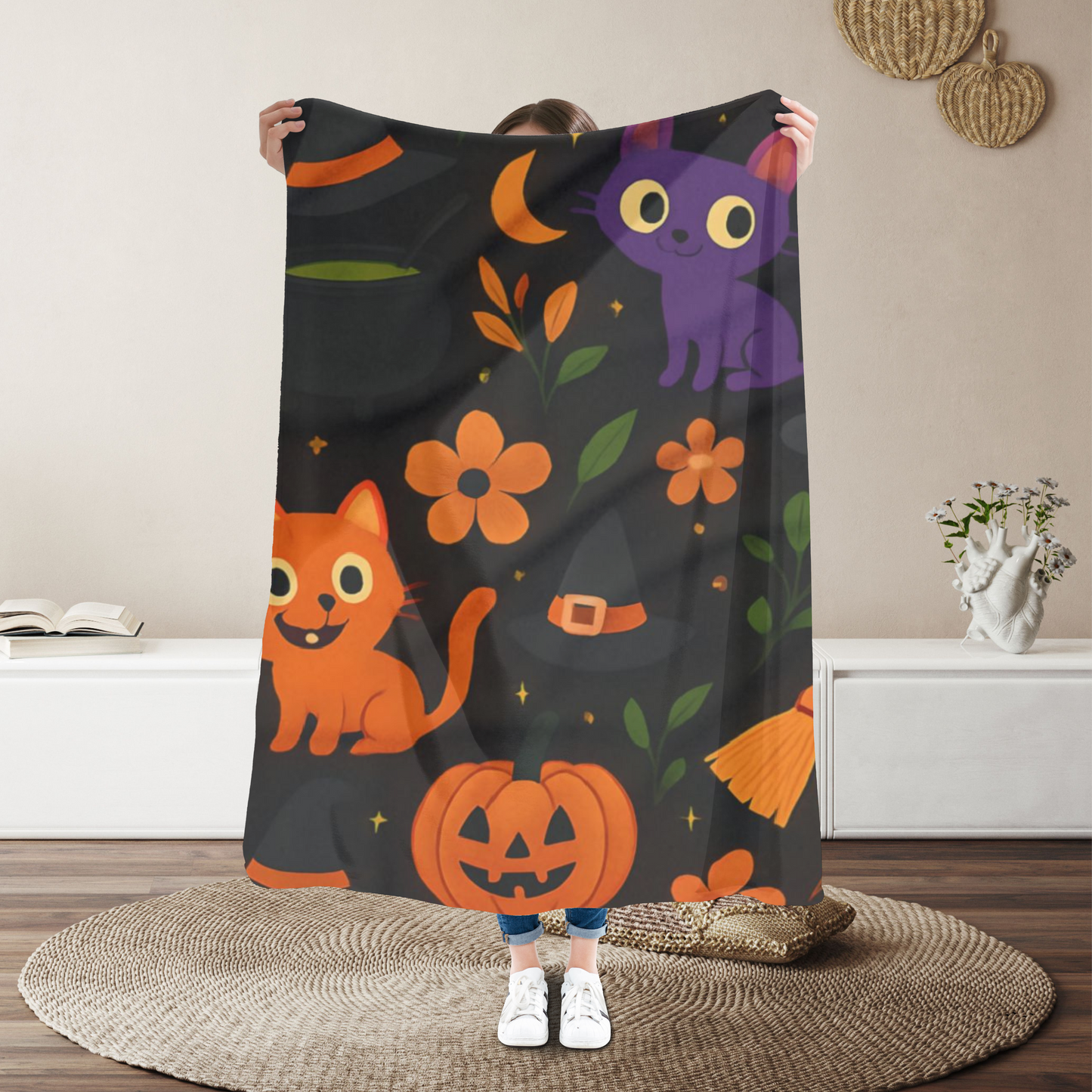 Halloween Blanket, The witchy blanket brings a touch of whimsy and warmth to any space, making it ideal as a spooky blanket or for witchy room decor.