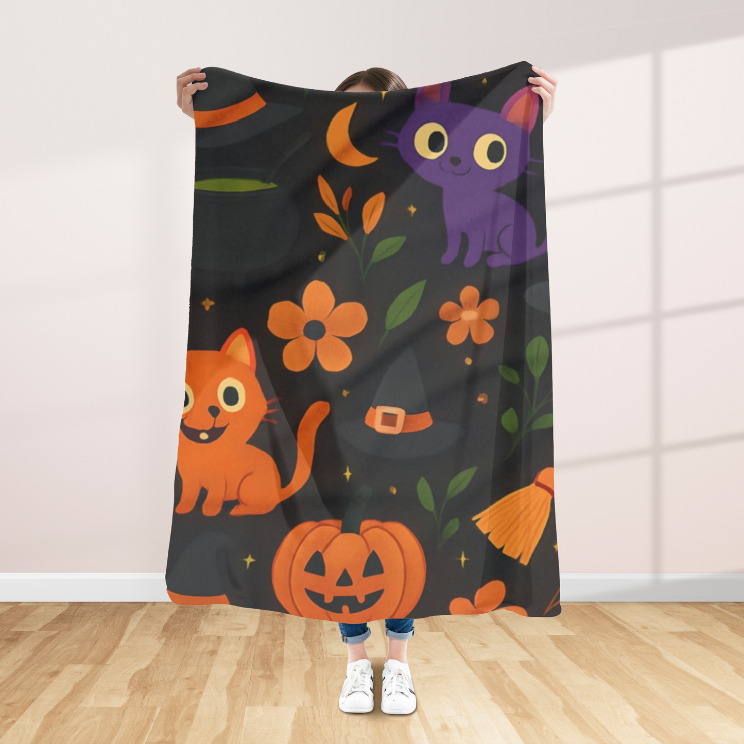 Halloween Blanket, The witchy blanket brings a touch of whimsy and warmth to any space, making it ideal as a spooky blanket or for witchy room decor.