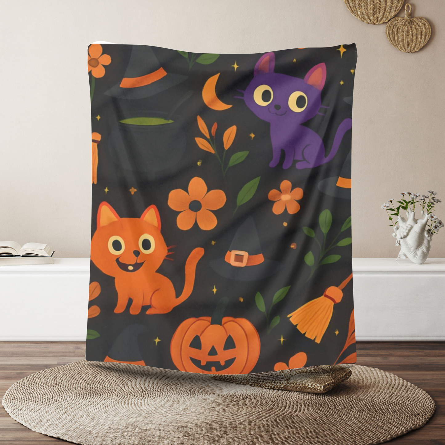 Halloween Blanket, The witchy blanket brings a touch of whimsy and warmth to any space, making it ideal as a spooky blanket or for witchy room decor.
