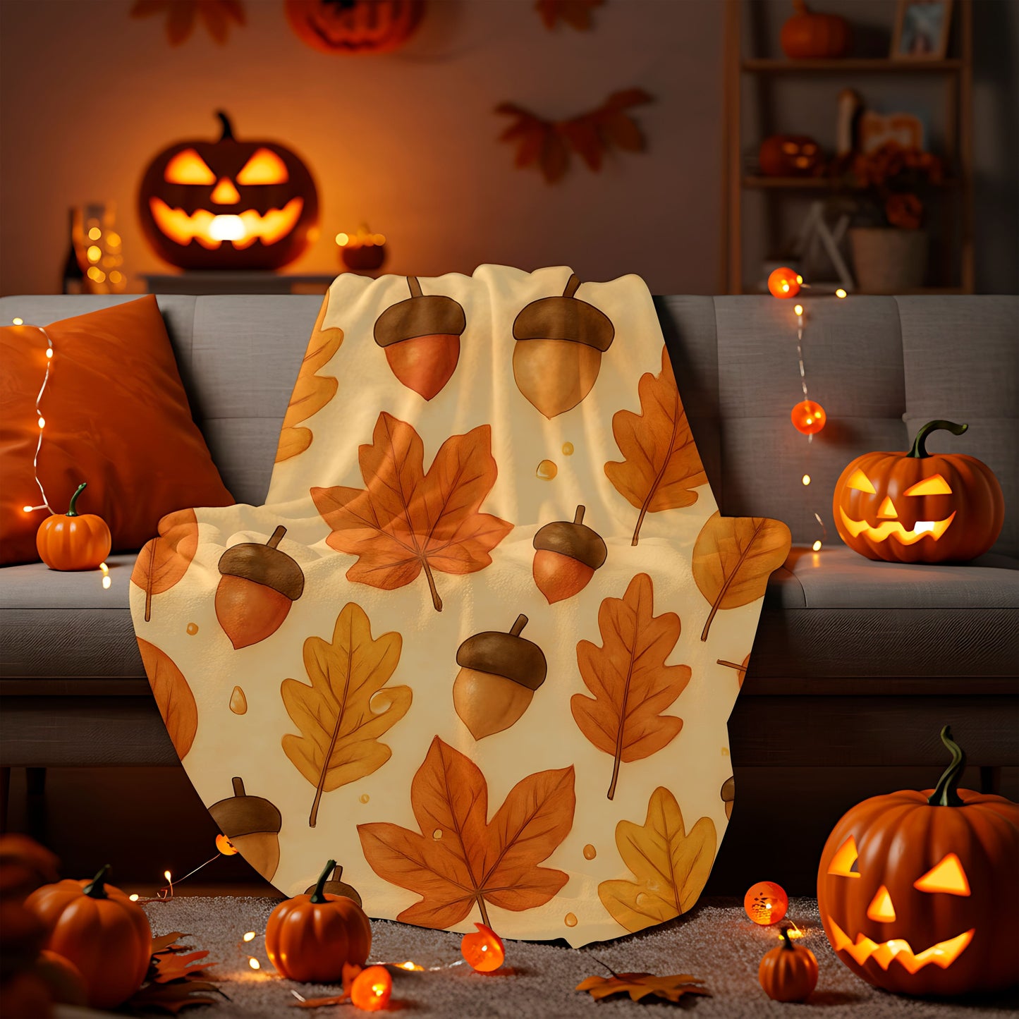 Autumnal Leaf Blanket Throw, This soft cozy blanket, adorned with intricate oak leaf acorn patterns, seamlessly captures the essence of the autumn eason