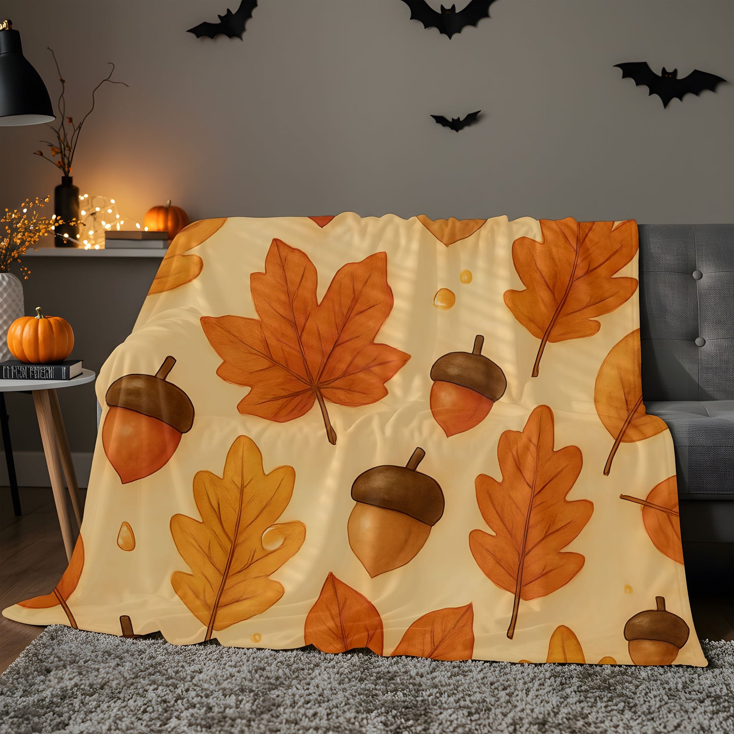 Autumnal Leaf Blanket Throw, This soft cozy blanket, adorned with intricate oak leaf acorn patterns, seamlessly captures the essence of the autumn eason
