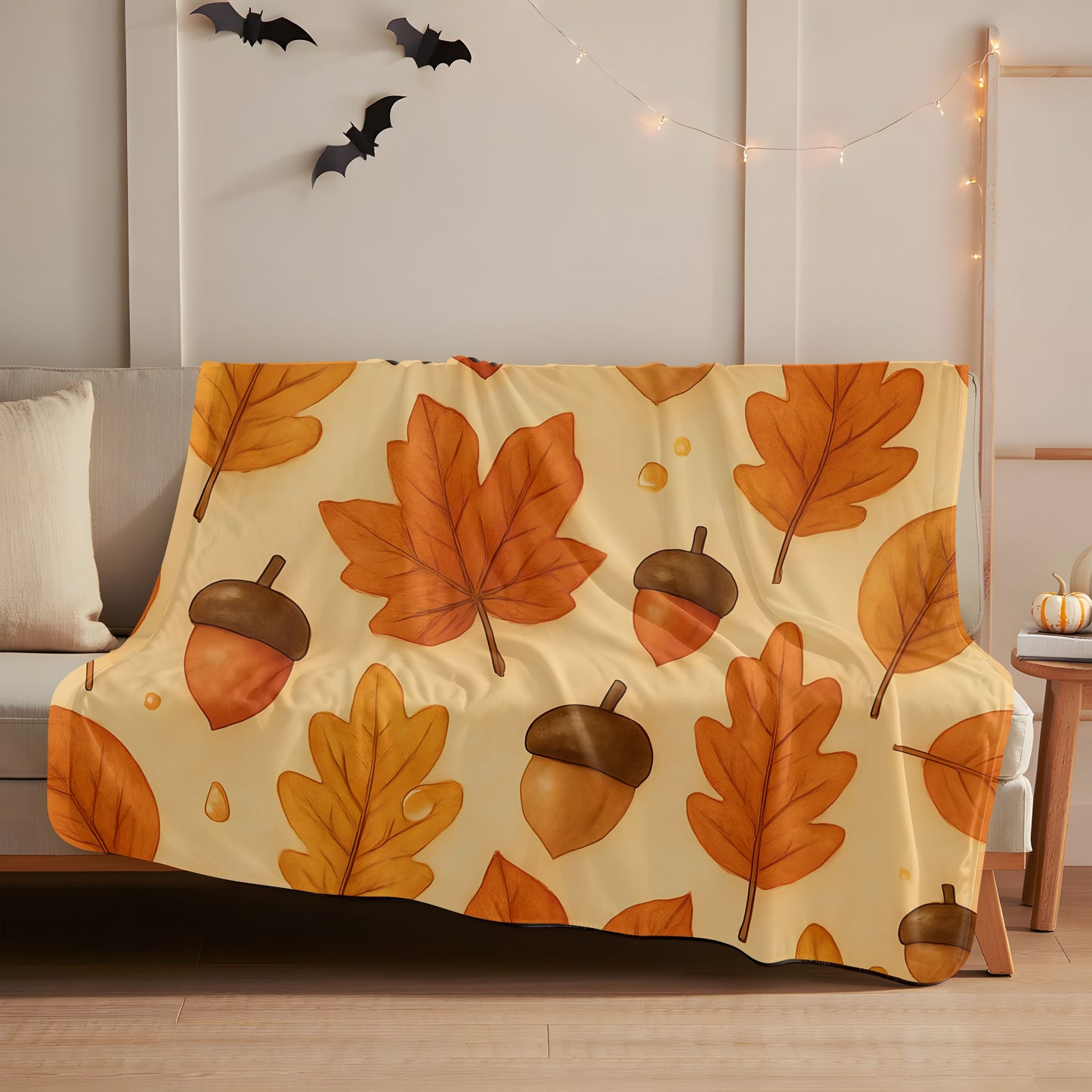 Autumnal Leaf Blanket Throw, This soft cozy blanket, adorned with intricate oak leaf acorn patterns, seamlessly captures the essence of the autumn eason