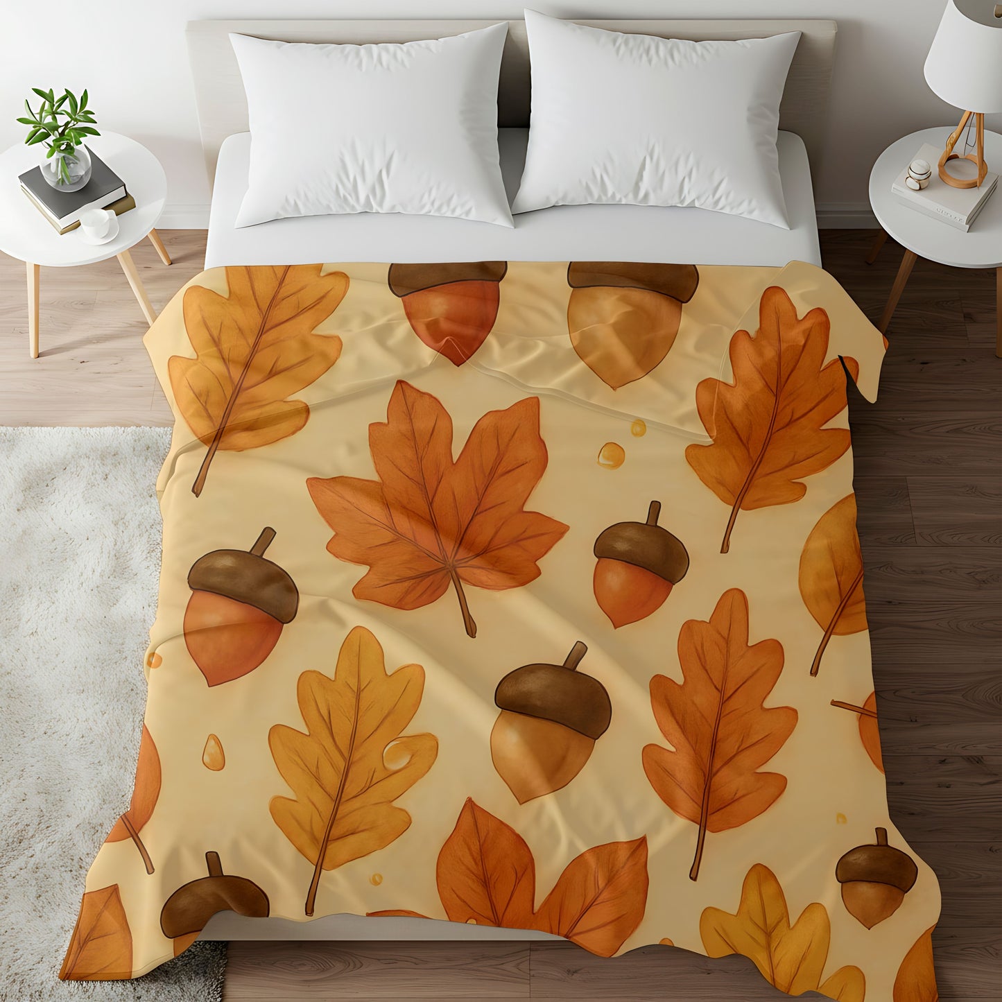 Autumnal Leaf Blanket Throw, This soft cozy blanket, adorned with intricate oak leaf acorn patterns, seamlessly captures the essence of the autumn eason