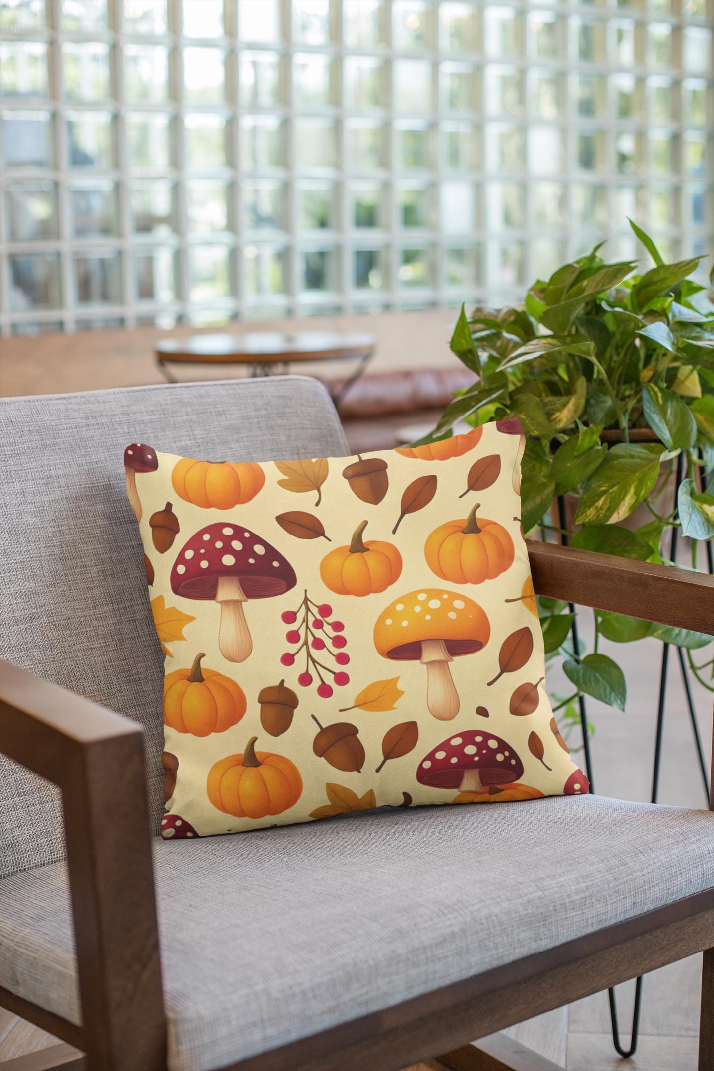 Pumpkin Mushroom Autumn Pillow, with its playful design featuring a cozy pumpkin and whimsical mushroom, perfect for embracing Hello Autumn.