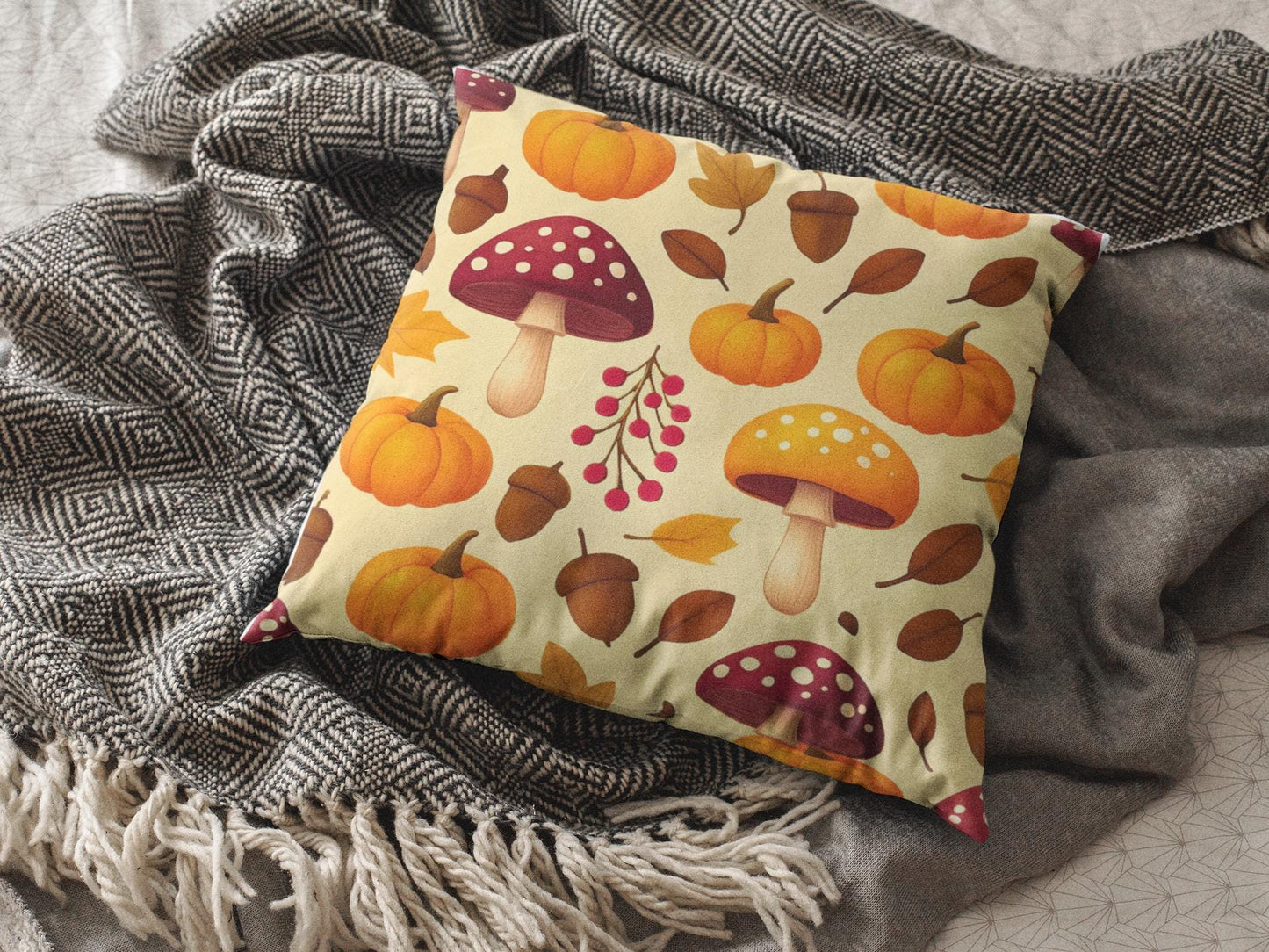 Pumpkin Mushroom Autumn Pillow, with its playful design featuring a cozy pumpkin and whimsical mushroom, perfect for embracing Hello Autumn.