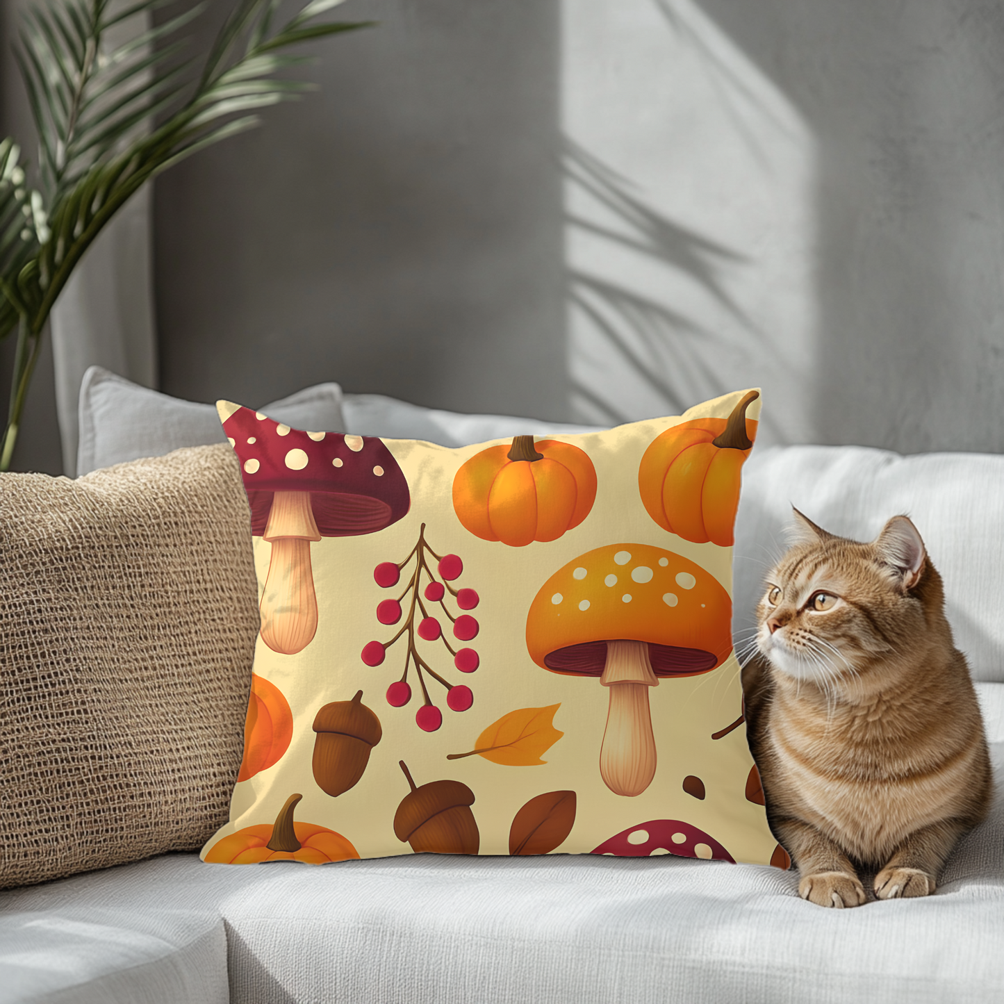 Pumpkin Mushroom Autumn Pillow, with its playful design featuring a cozy pumpkin and whimsical mushroom, perfect for embracing Hello Autumn.