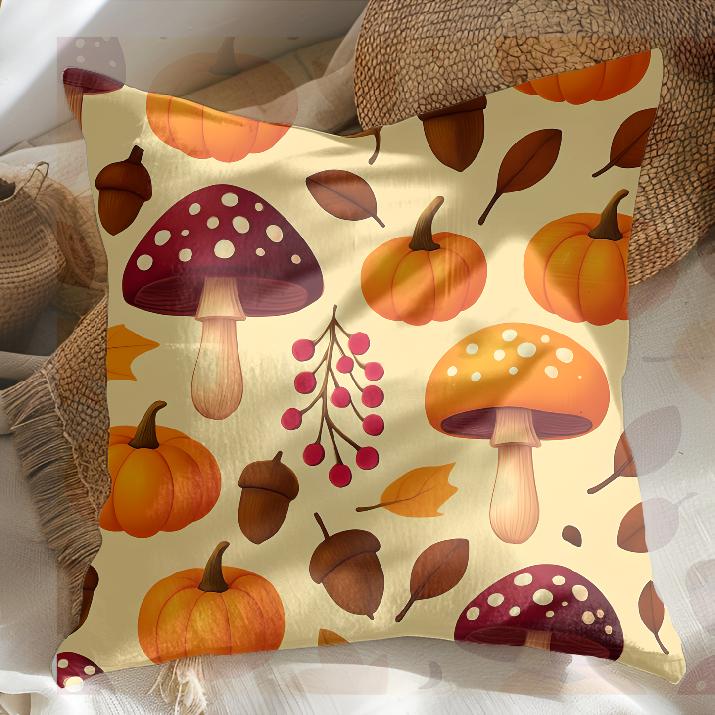 Pumpkin Mushroom Autumn Pillow, with its playful design featuring a cozy pumpkin and whimsical mushroom, perfect for embracing Hello Autumn.