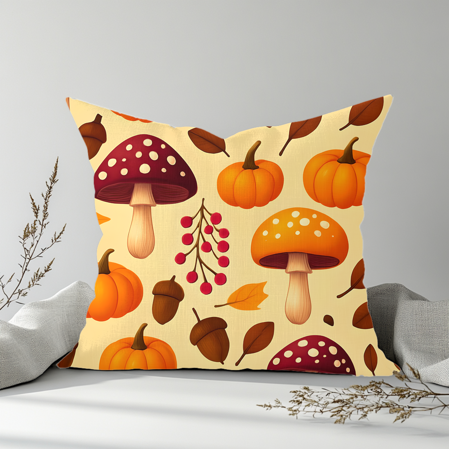 Pumpkin Mushroom Autumn Pillow, with its playful design featuring a cozy pumpkin and whimsical mushroom, perfect for embracing Hello Autumn.