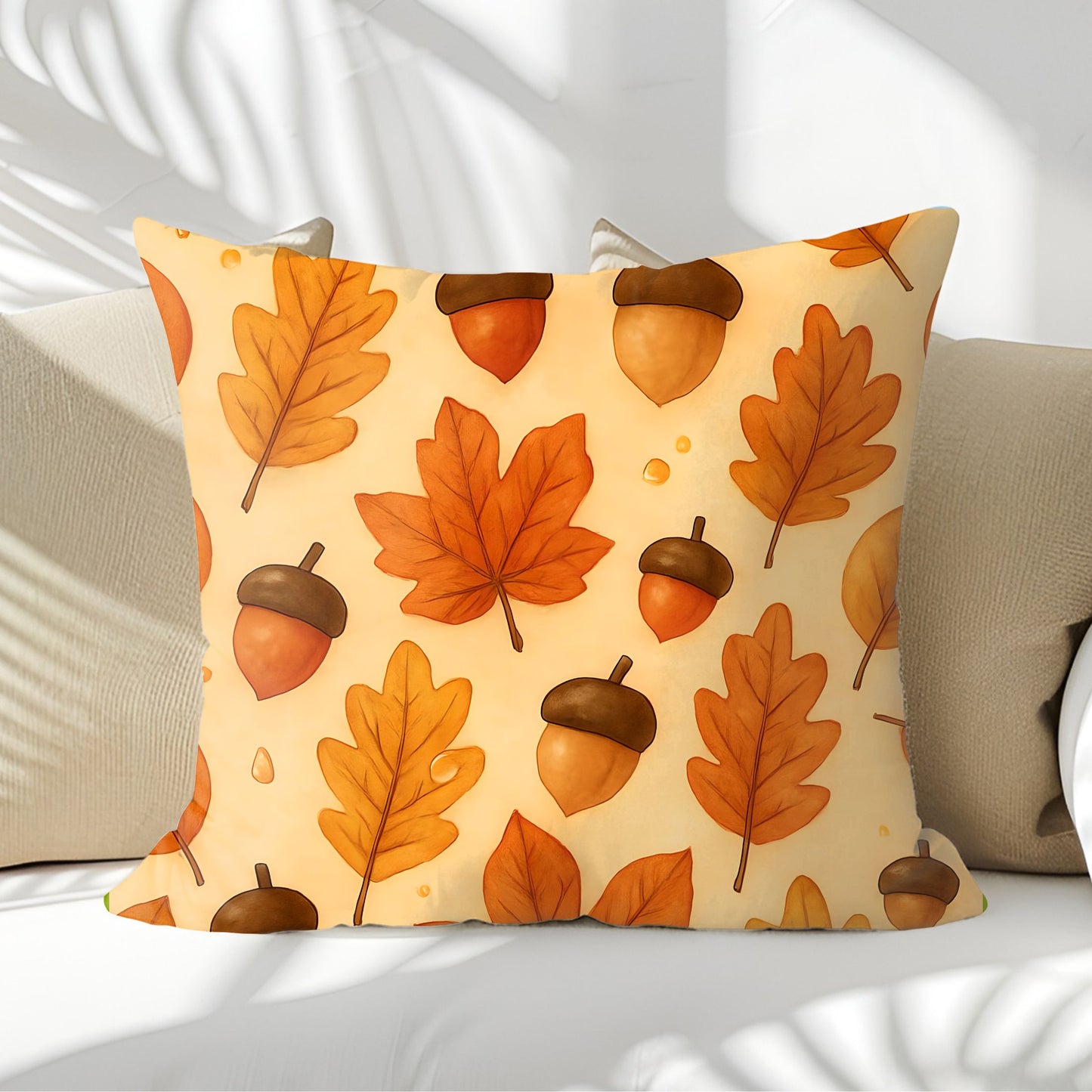 Autumnal Leaf Acorn Pillow, A tapestry of rich golden hues and crisp details, this autumn leaves pillow captures the essence of a forest carpeted with leaves, softening your space with its warm charm.