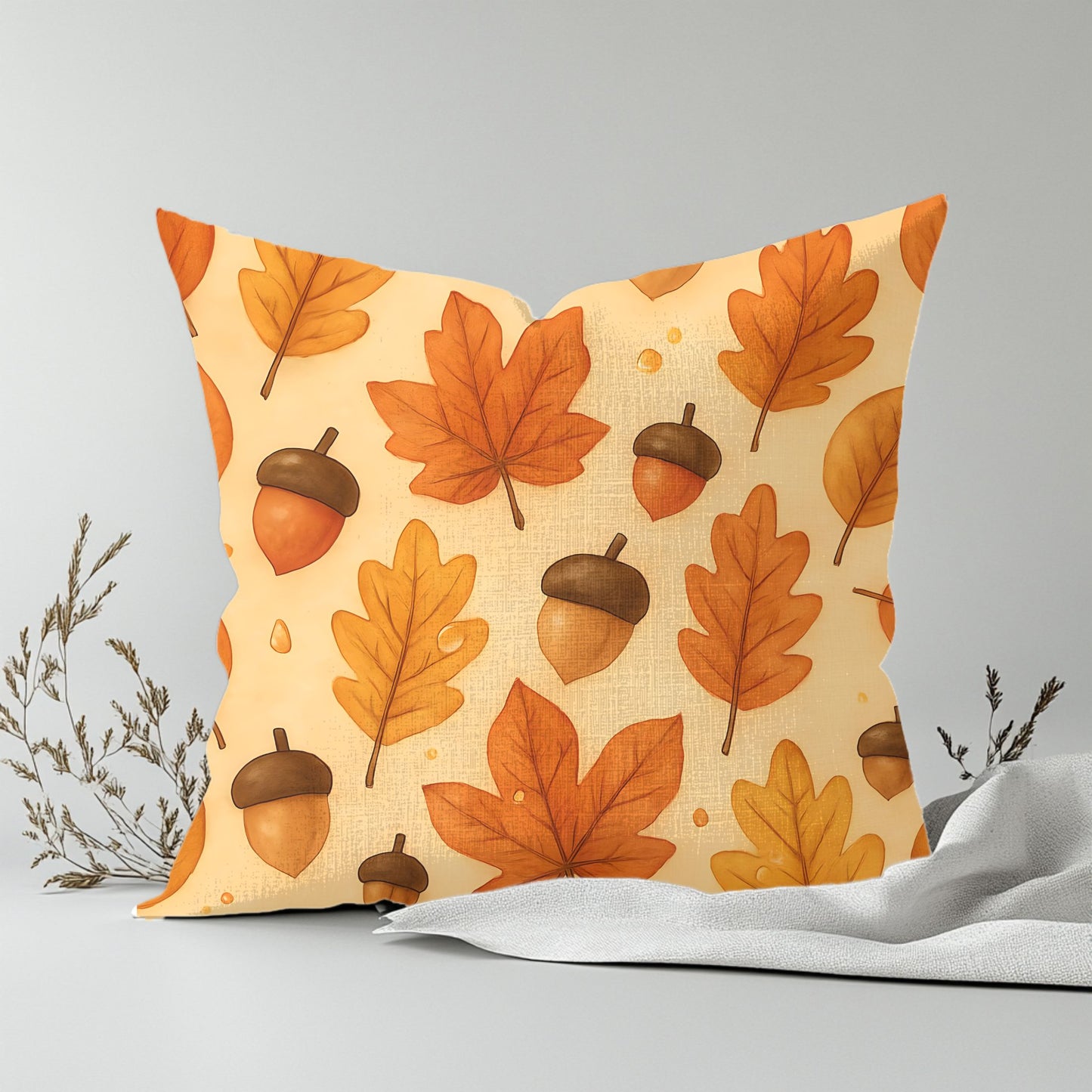 Autumnal Leaf Acorn Pillow, A tapestry of rich golden hues and crisp details, this autumn leaves pillow captures the essence of a forest carpeted with leaves, softening your space with its warm charm.