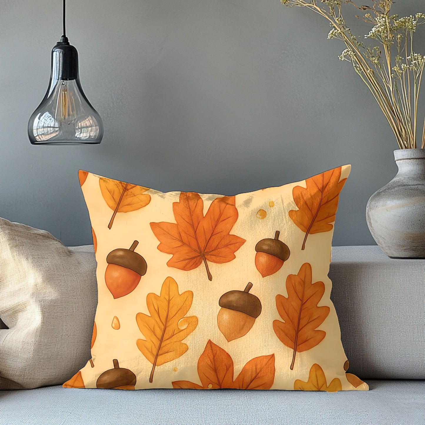Autumnal Leaf Acorn Pillow, A tapestry of rich golden hues and crisp details, this autumn leaves pillow captures the essence of a forest carpeted with leaves, softening your space with its warm charm.