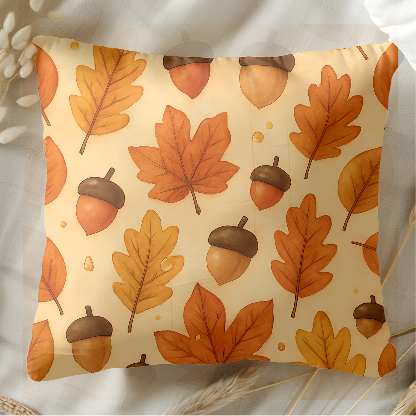 Autumnal Leaf Acorn Pillow, A tapestry of rich golden hues and crisp details, this autumn leaves pillow captures the essence of a forest carpeted with leaves, softening your space with its warm charm.