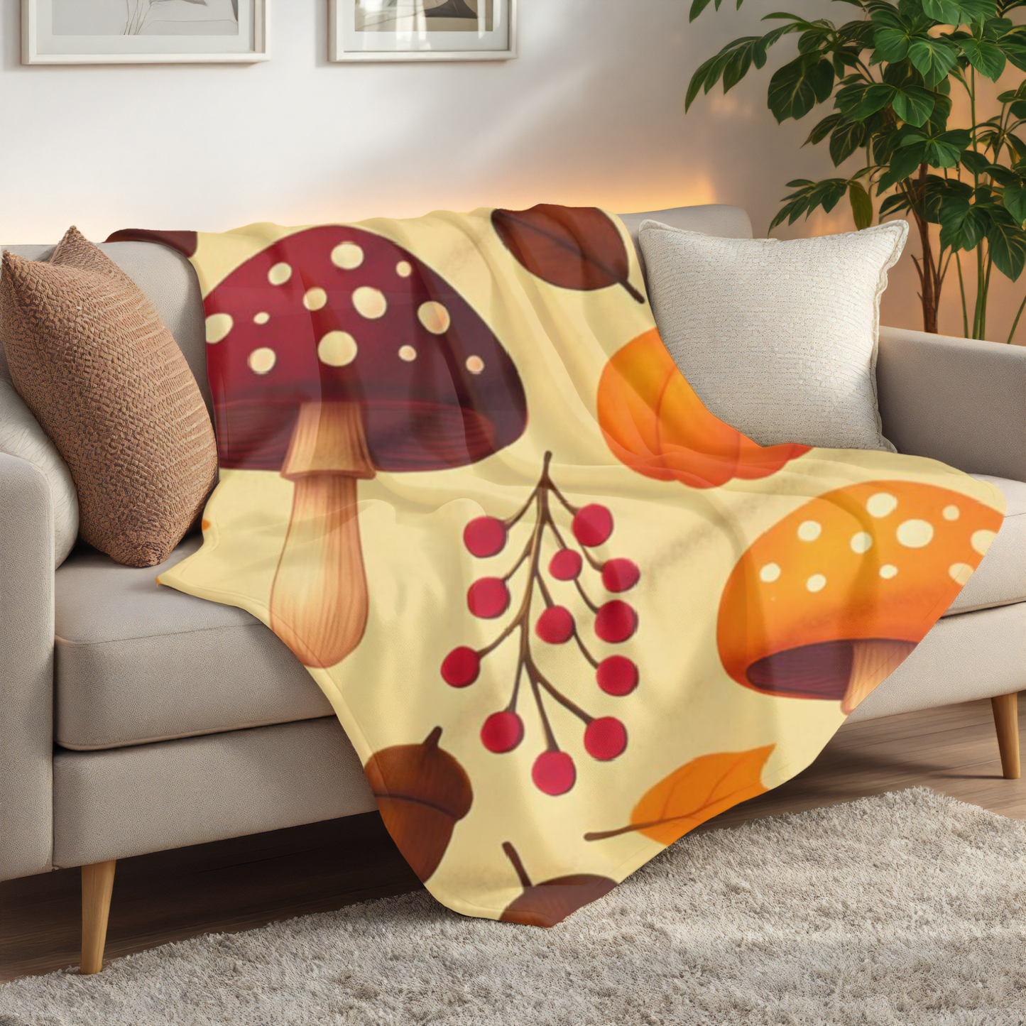 Cozy Autumn Pumpkin Blanket, This plush, cozy fleece blanket captures the essence of the season with its vibrant pumpkin and shroom motifs.