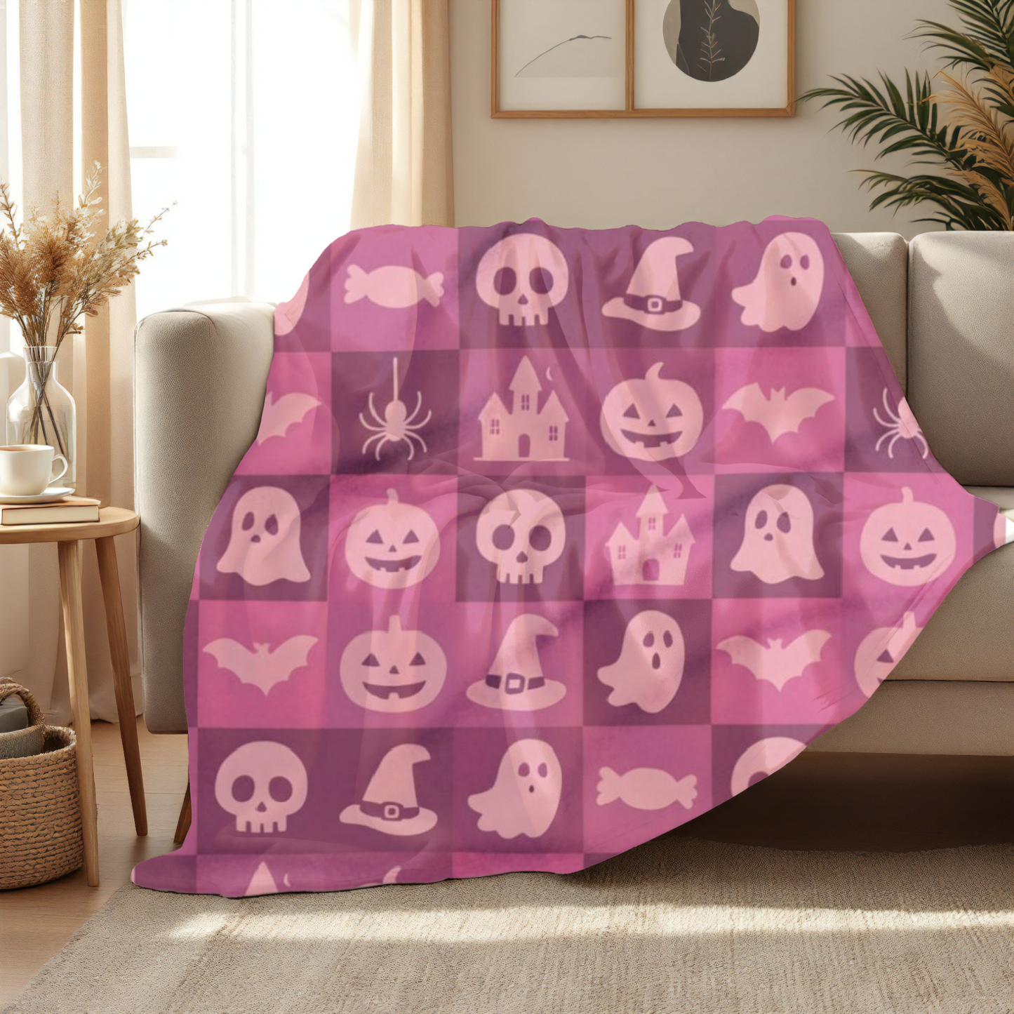Spooky Pink Halloween Blanket, perfect for adding a unique twist to your seasonal decor. Drape this plush pink ghost blanket over your sofa to invite a cozy, festive warmth