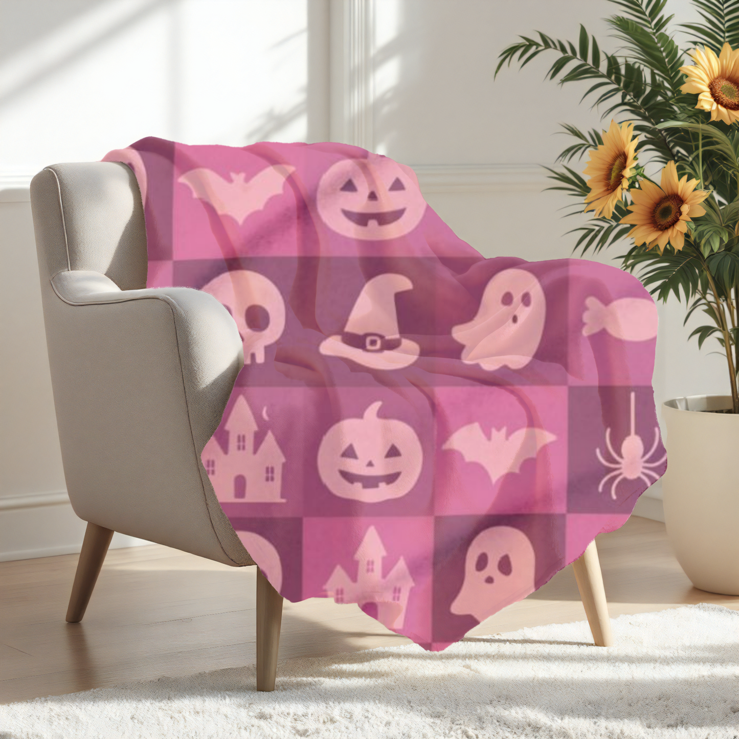 Spooky Pink Halloween Blanket, perfect for adding a unique twist to your seasonal decor. Drape this plush pink ghost blanket over your sofa to invite a cozy, festive warmth