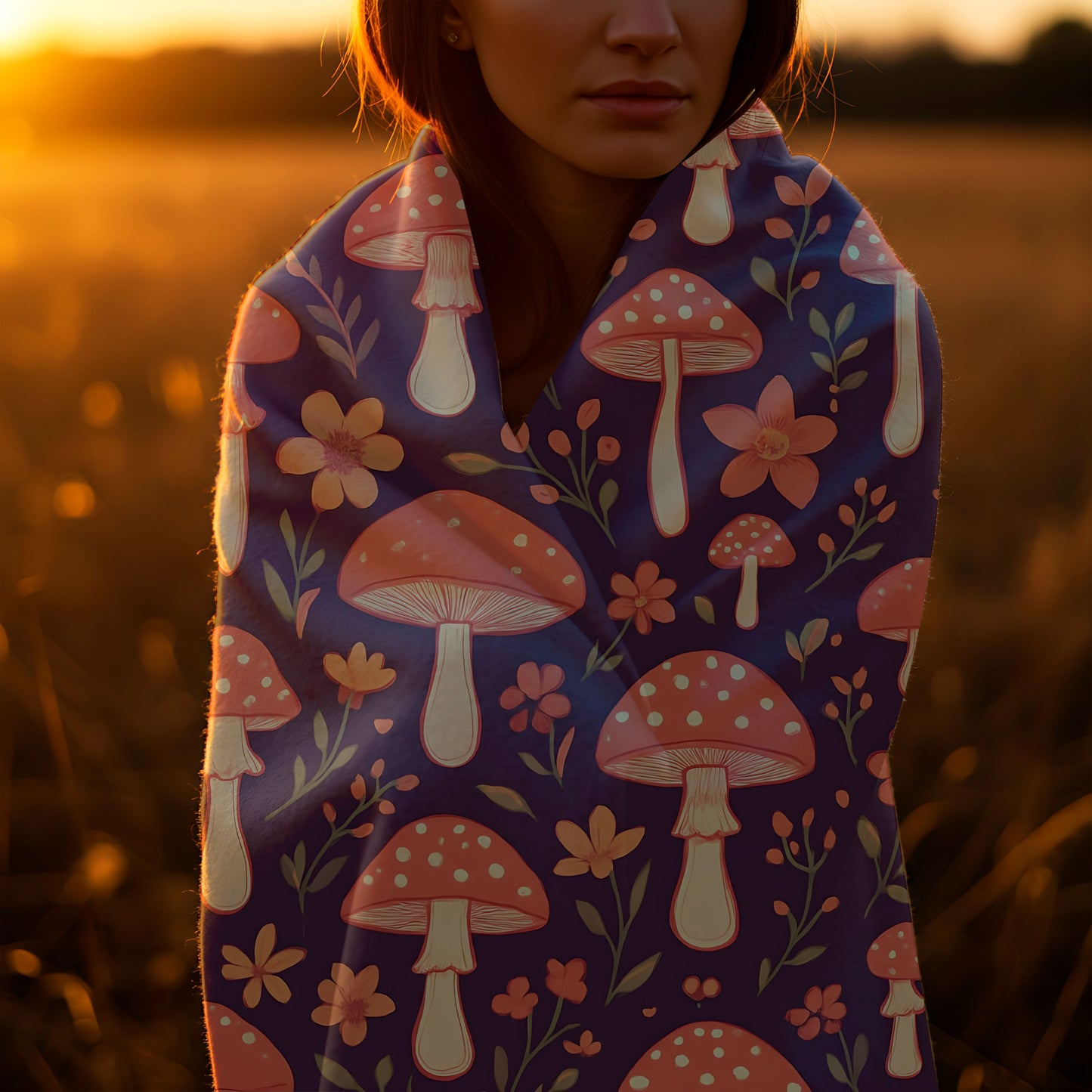 Cozy Mushroom Blanket, The enchanting mushroom pattern, set against a rich plum throw, turns any sofa into an autumnal paradise.