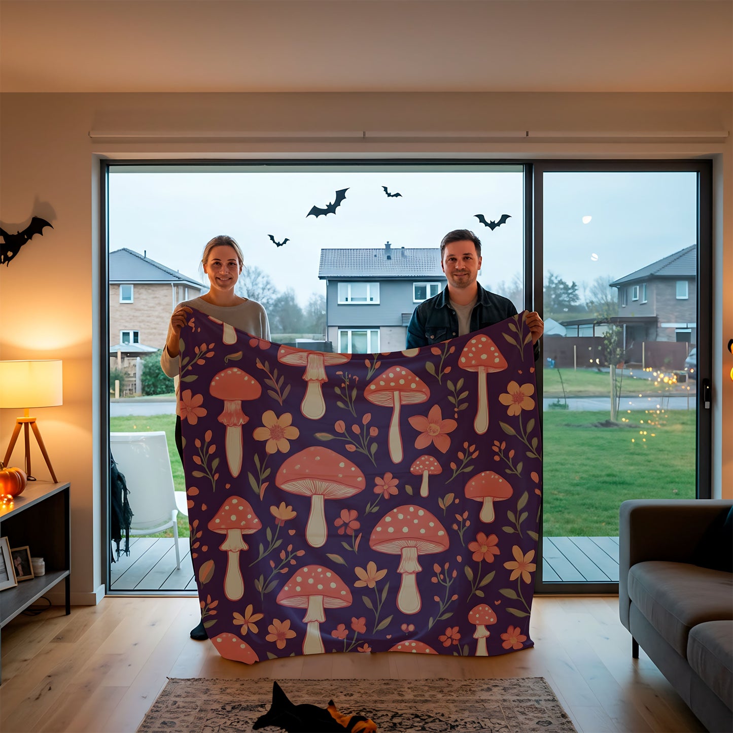 Cozy Mushroom Blanket, The enchanting mushroom pattern, set against a rich plum throw, turns any sofa into an autumnal paradise.