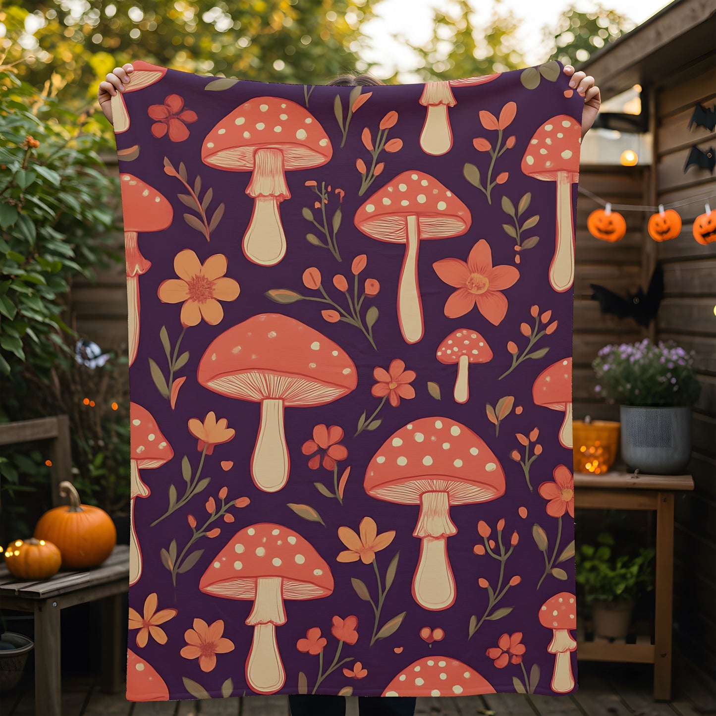 Cozy Mushroom Blanket, The enchanting mushroom pattern, set against a rich plum throw, turns any sofa into an autumnal paradise.