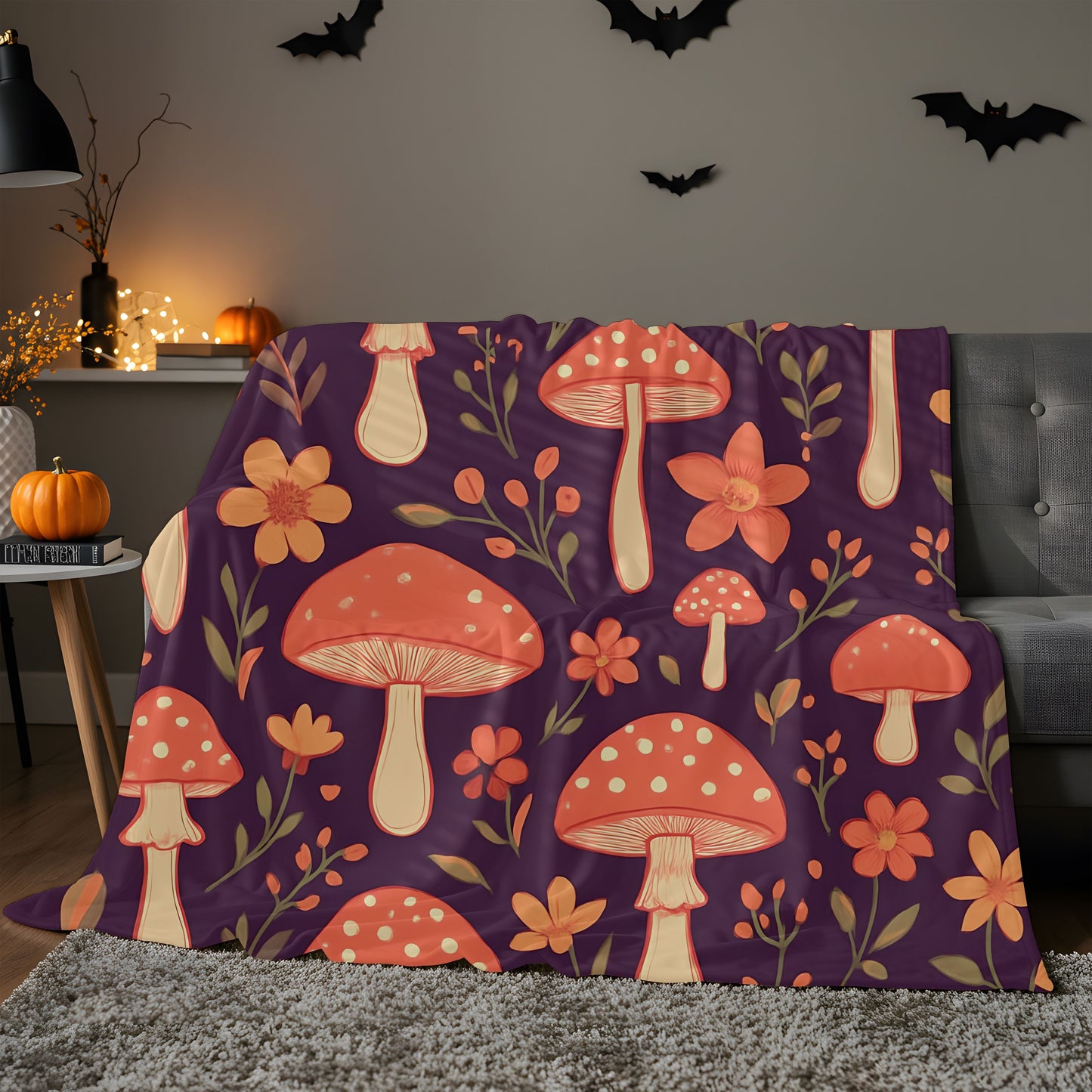 Cozy Mushroom Blanket, The enchanting mushroom pattern, set against a rich plum throw, turns any sofa into an autumnal paradise.