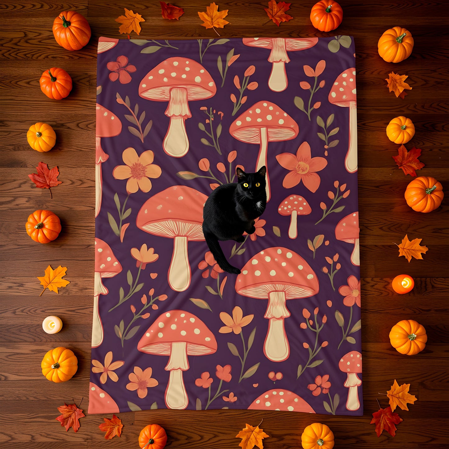 Cozy Mushroom Blanket, The enchanting mushroom pattern, set against a rich plum throw, turns any sofa into an autumnal paradise.