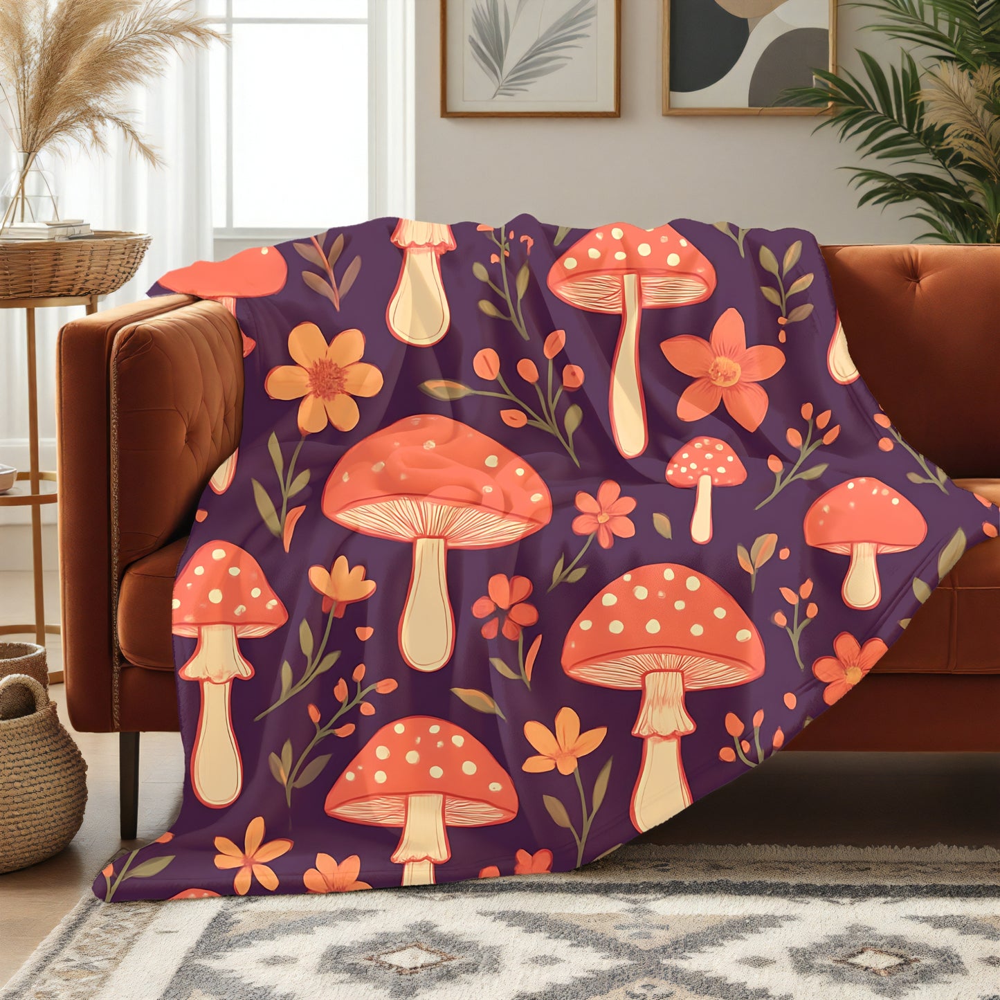 Cozy Mushroom Blanket, The enchanting mushroom pattern, set against a rich plum throw, turns any sofa into an autumnal paradise.
