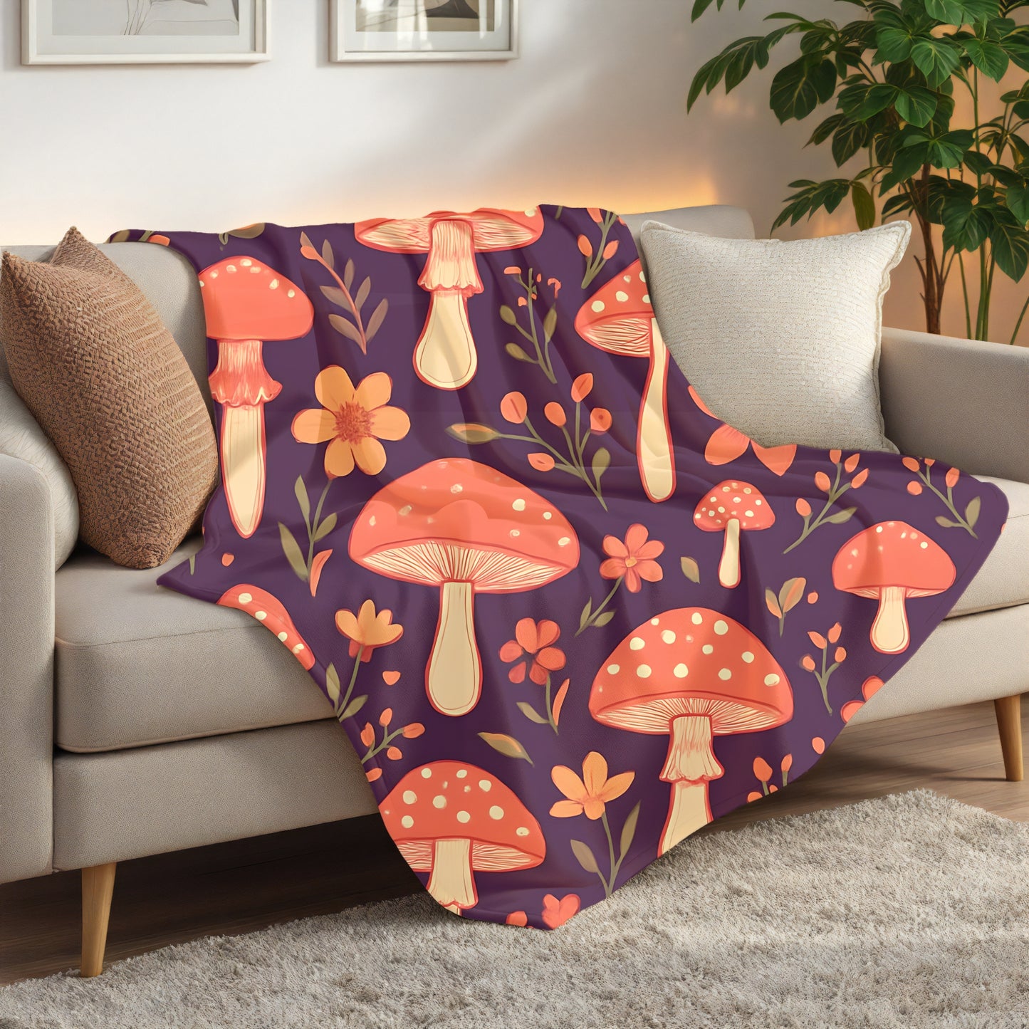 Cozy Mushroom Blanket, The enchanting mushroom pattern, set against a rich plum throw, turns any sofa into an autumnal paradise.