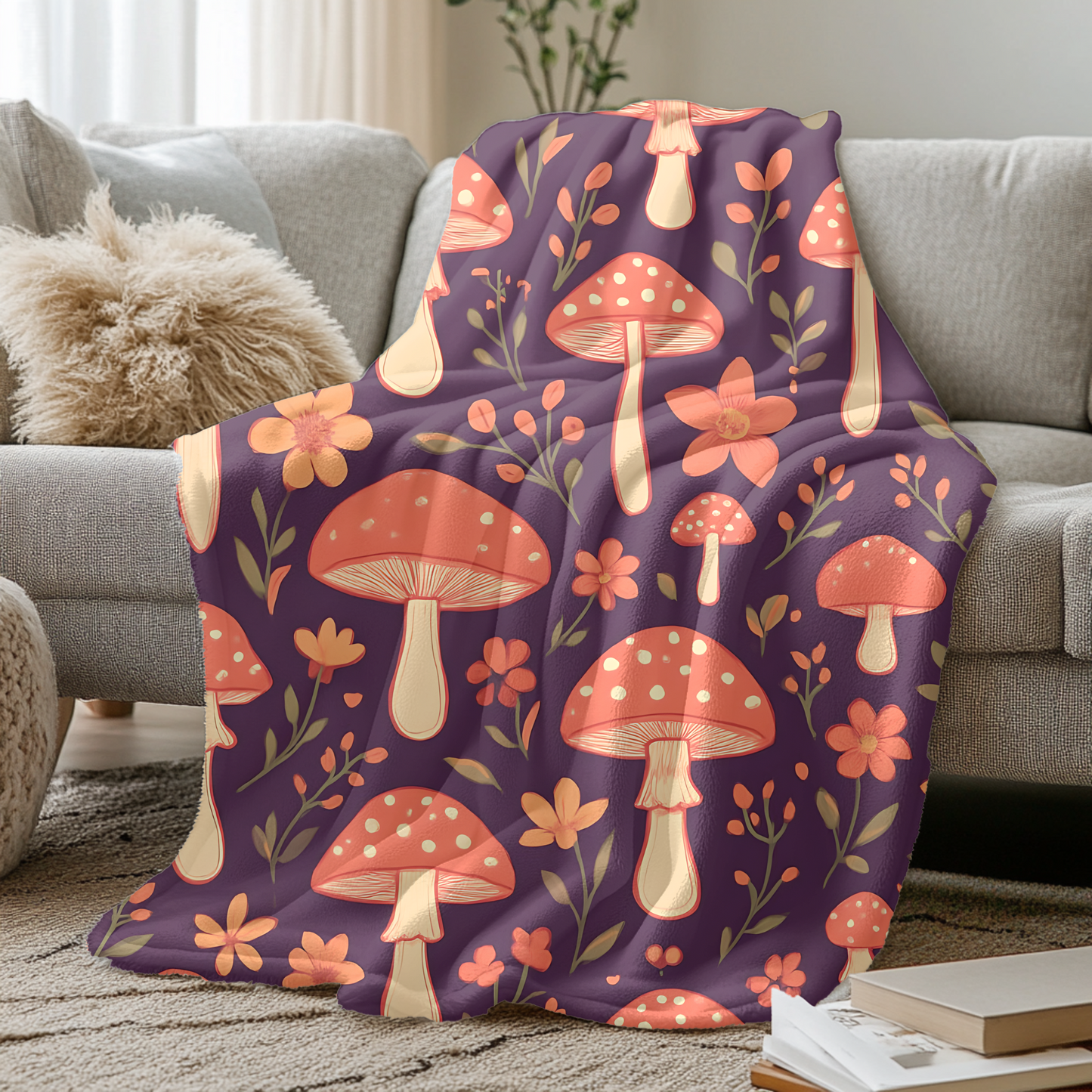 Cozy Mushroom Blanket, The enchanting mushroom pattern, set against a rich plum throw, turns any sofa into an autumnal paradise.