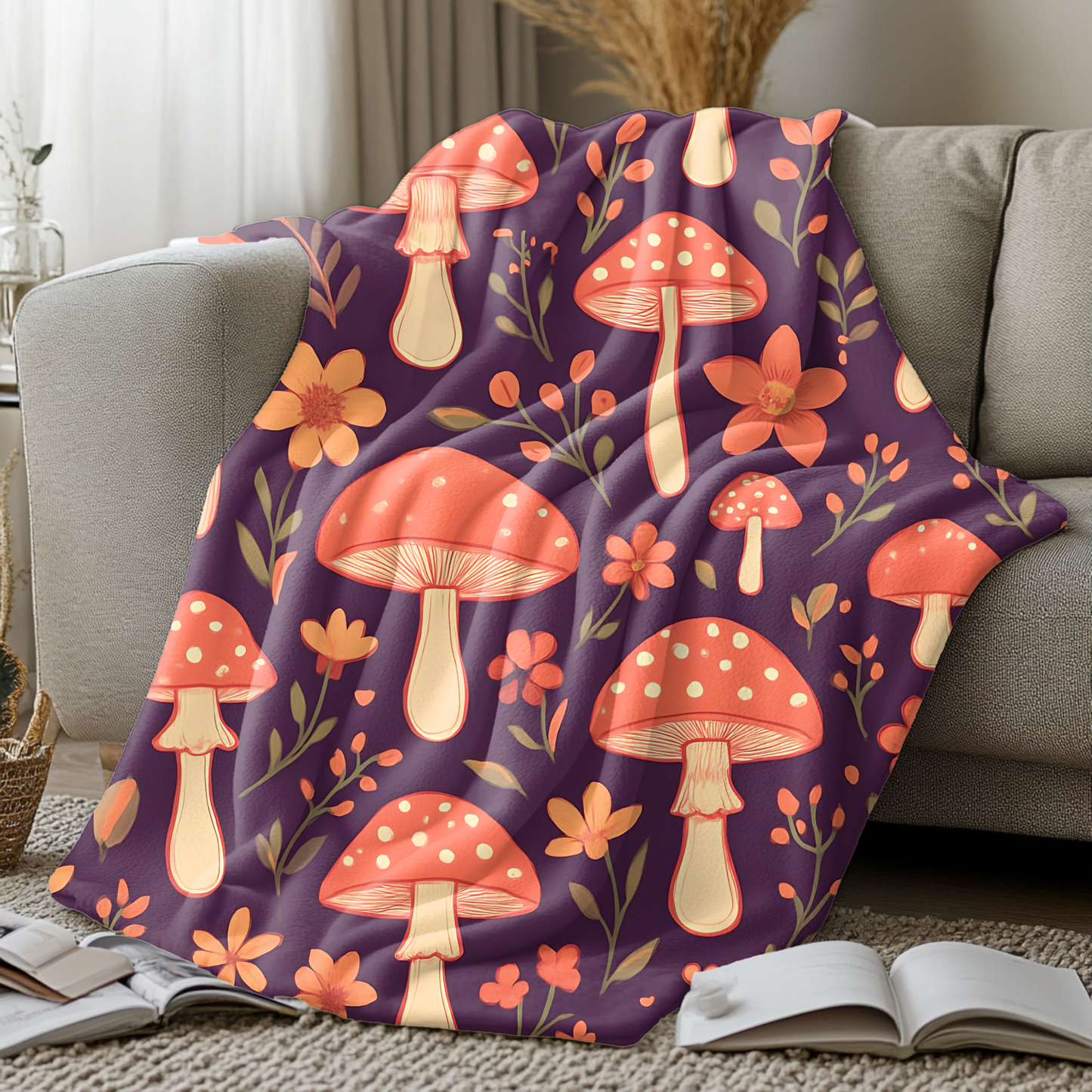 Cozy Mushroom Blanket, The enchanting mushroom pattern, set against a rich plum throw, turns any sofa into an autumnal paradise.