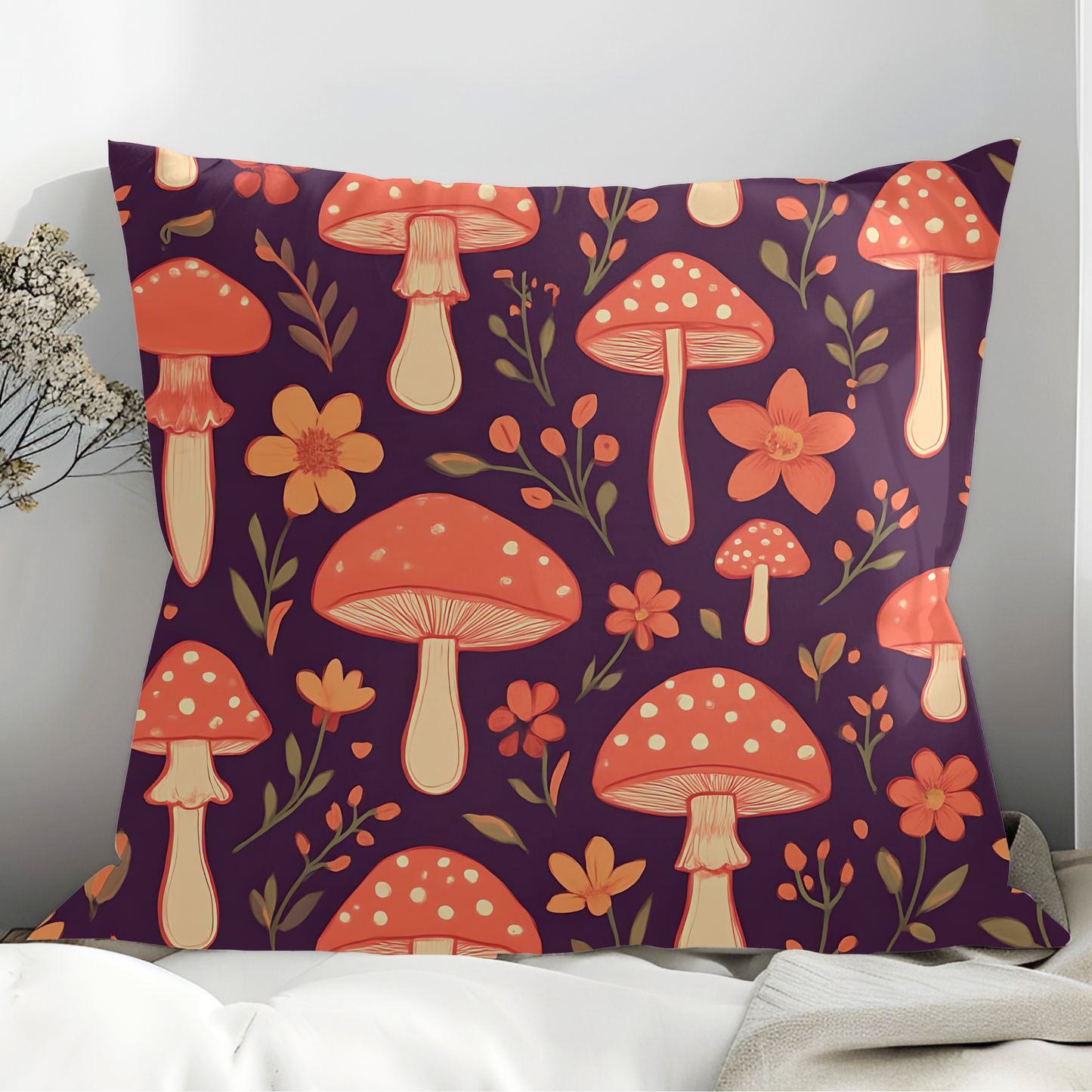 Mushroom Pillow, Perfect as a throw pillow cushion, it transforms any space with its soft plum hue and charming shroom motif, inviting warmth and comfort into your home.