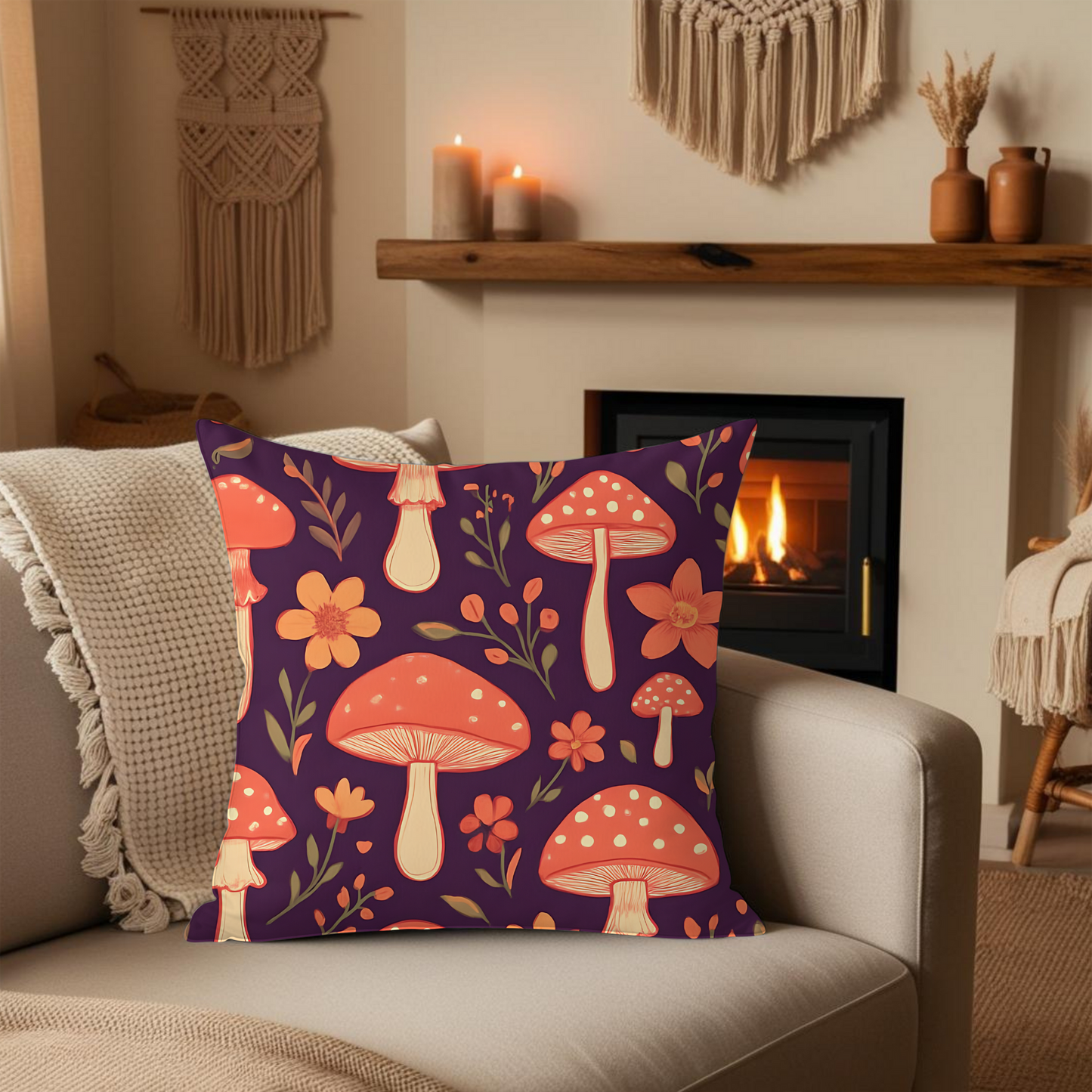 Mushroom Pillow, Perfect as a throw pillow cushion, it transforms any space with its soft plum hue and charming shroom motif, inviting warmth and comfort into your home.